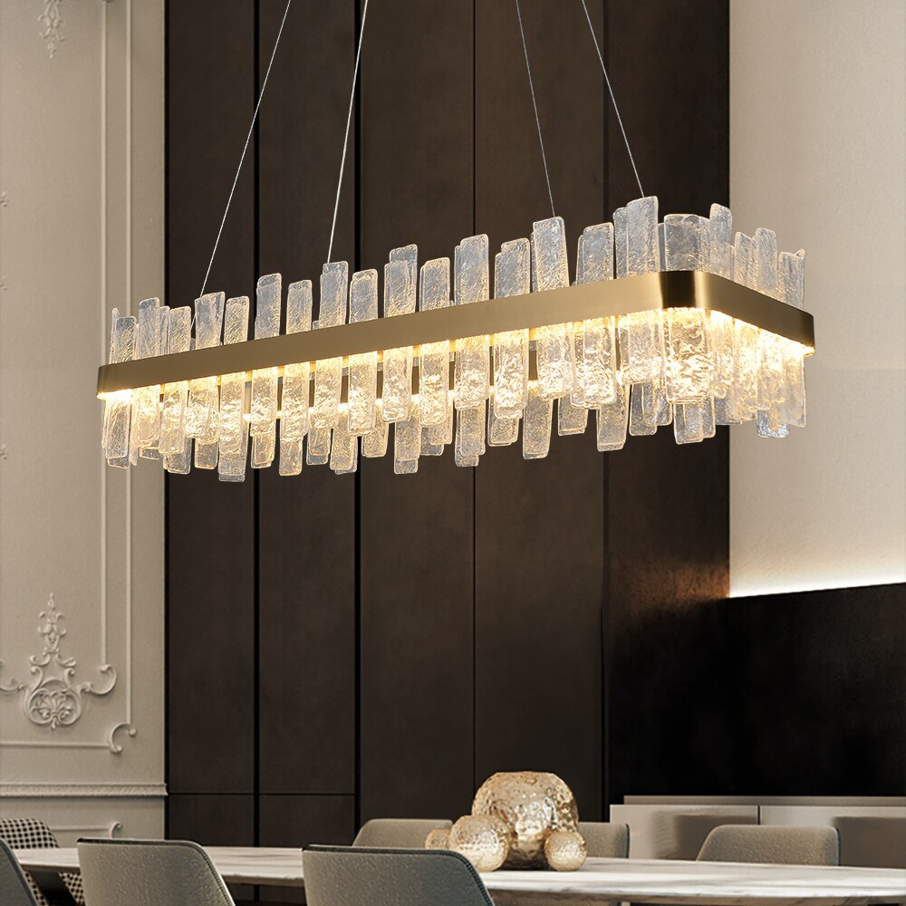 Kensington rectangular chandelier with cracked crystal detail in luxury dining room interior