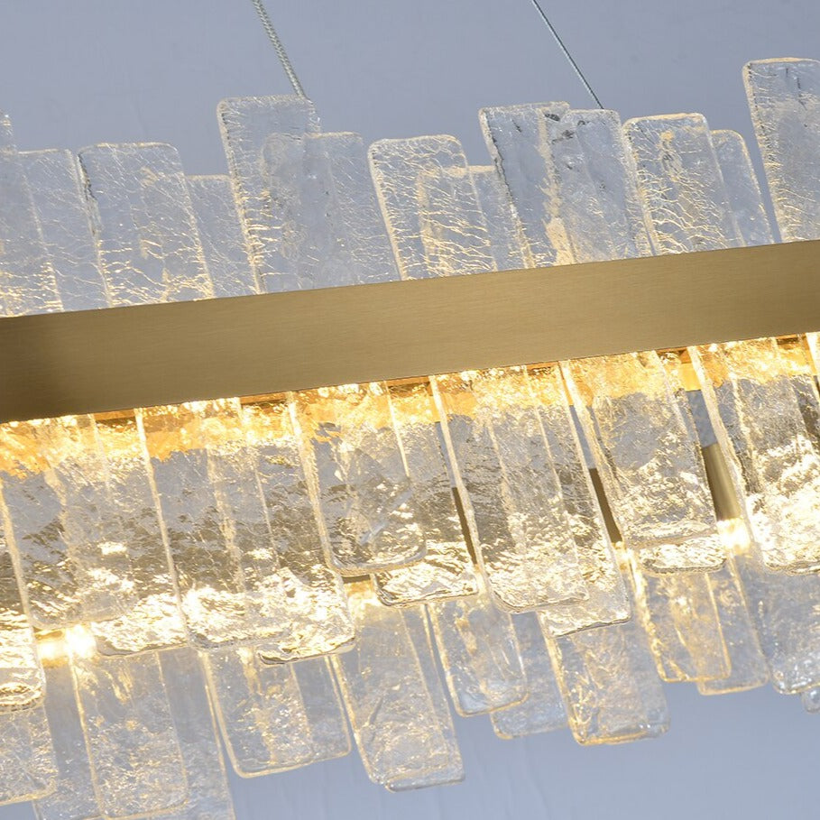 Kensington rectangular chandelier showing cracked crystal accents and refined gold frame