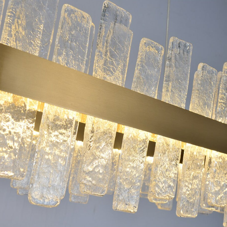 Kensington rectangular chandelier with illuminated cracked crystal bars and sleek design