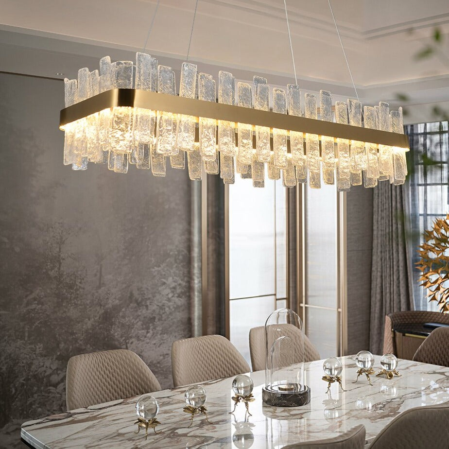 Kensington rectangular chandelier creating elegant ambient lighting in modern dining interior
