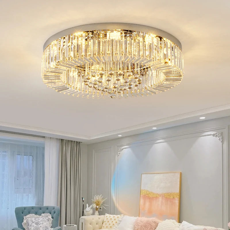 Kiara ceiling light with cascading diamond cut crystals in elegant luxury interior