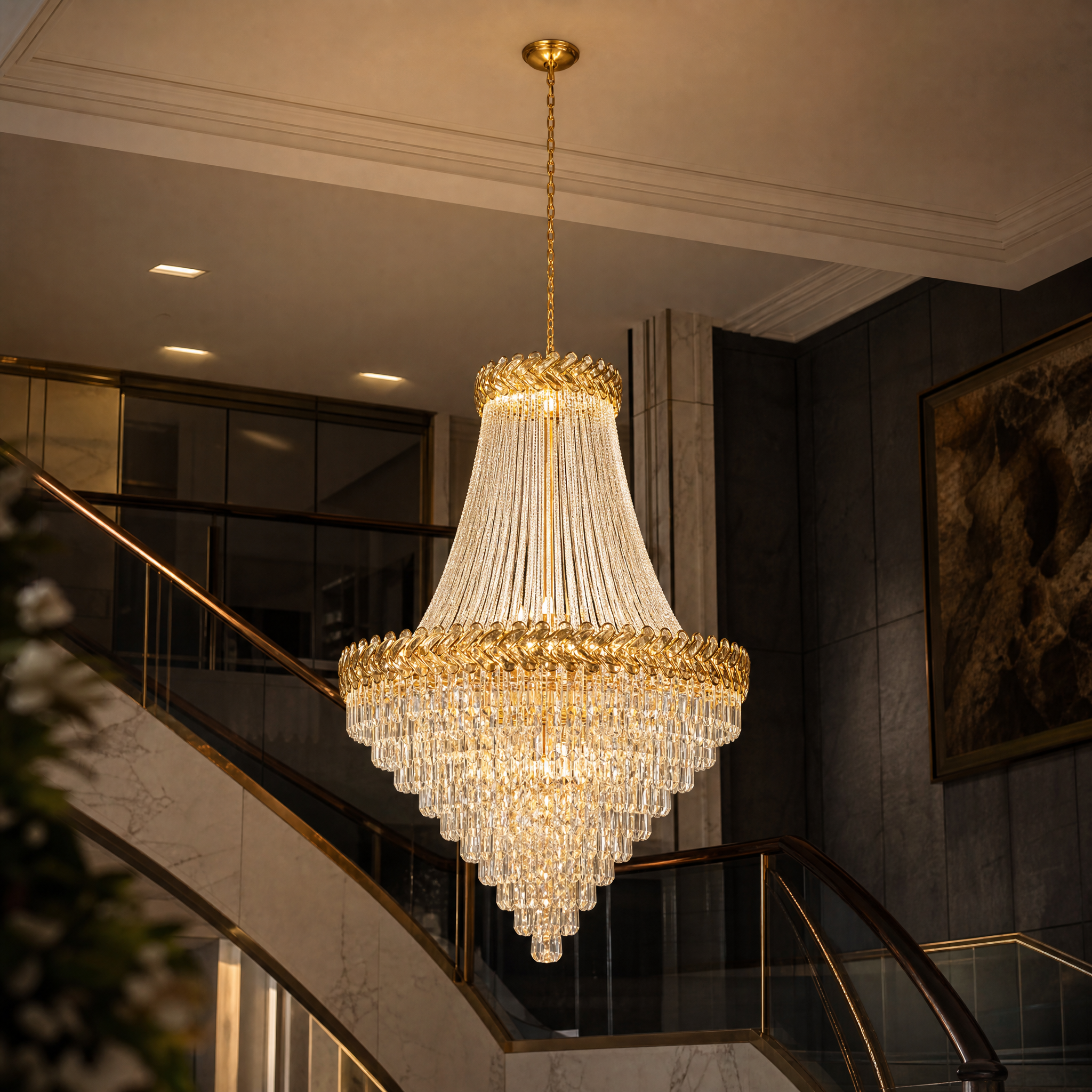 Close-up detail of the VORELLI Knightsbridge Grandeur chandelier, highlighting the intricate chevron crystal bars and delicate linking crystal chains.
