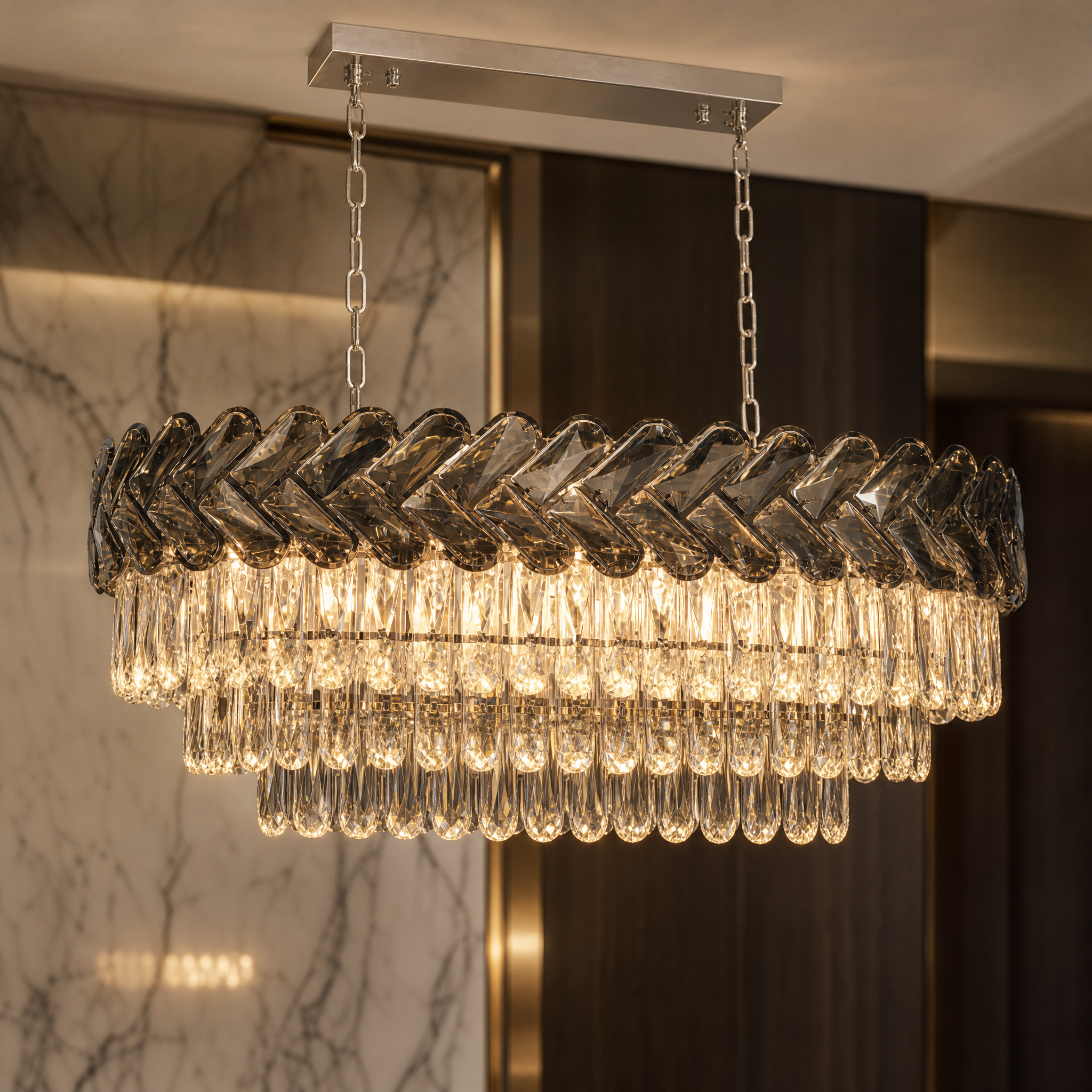 Macro view of the striking chevron crystal frame and high-quality two-tone crystals on the VORELLI Knightsbridge Rectangular Chandelier.
