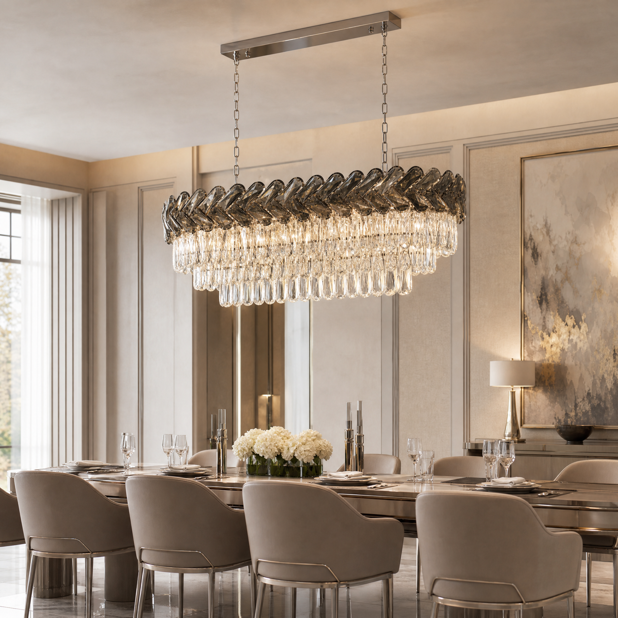VORELLI Knightsbridge Rectangular Chandelier with chevron crystal frame illuminating a sophisticated residential dining room.