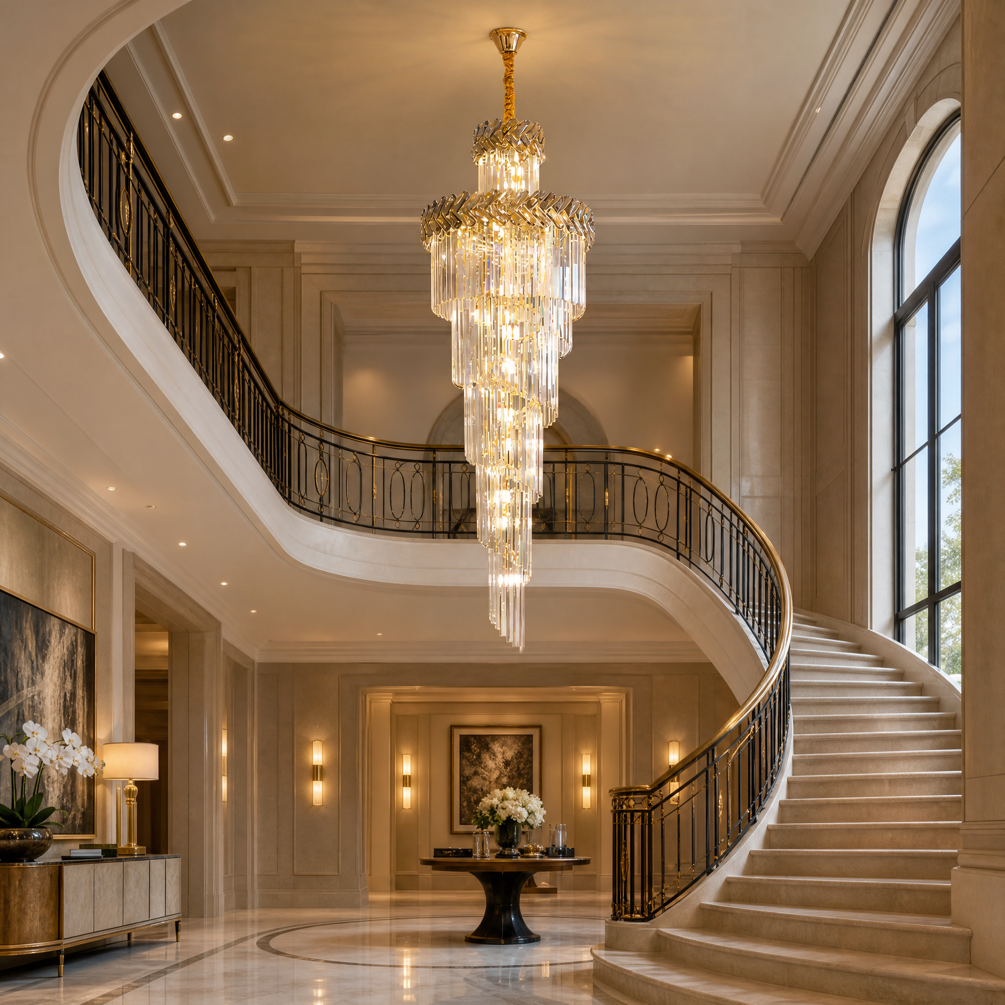 VORELLI Knightsbridge spiral staircase chandelier illuminating a grand residential foyer, casting a warm luxury glow over the architecture.