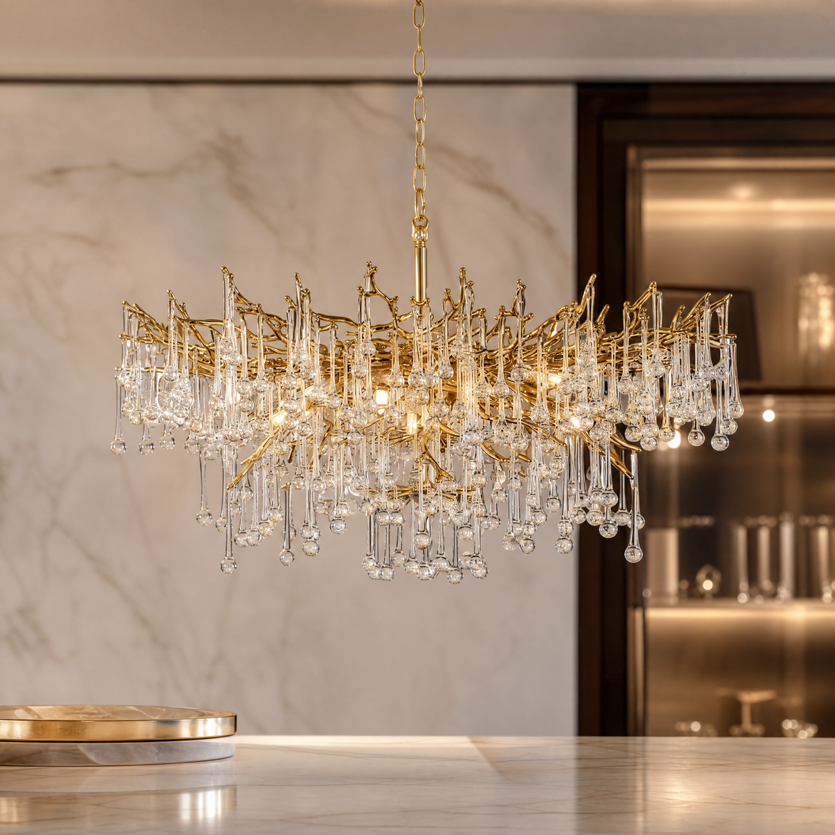 Detailed closeup of the sculptural branching forms and intricate suspended glass droplets on the Vorelli L’Albero d’Oro III chandelier.