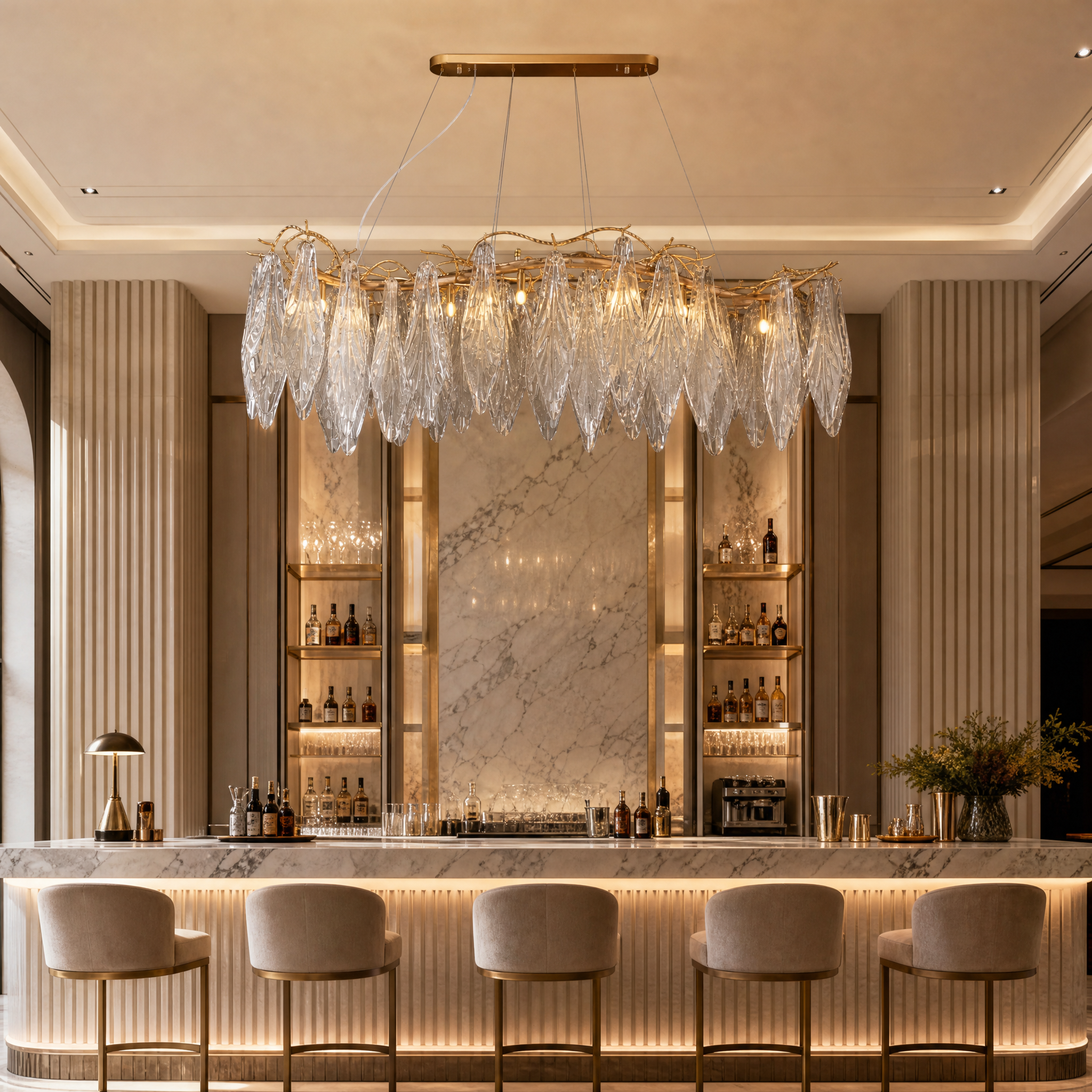 An elegant VORELLI Larvotto rectangular branch chandelier installed in a high-end hospitality lounge creating an upscale ambiance.