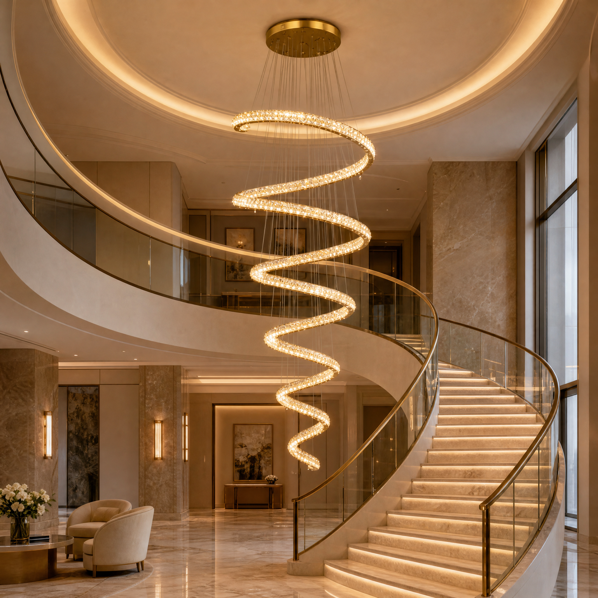 A breathtaking hospitality installation of the VORELLI Lawrie spiral chandelier, casting elegant reflections across a modern upscale hotel lobby.