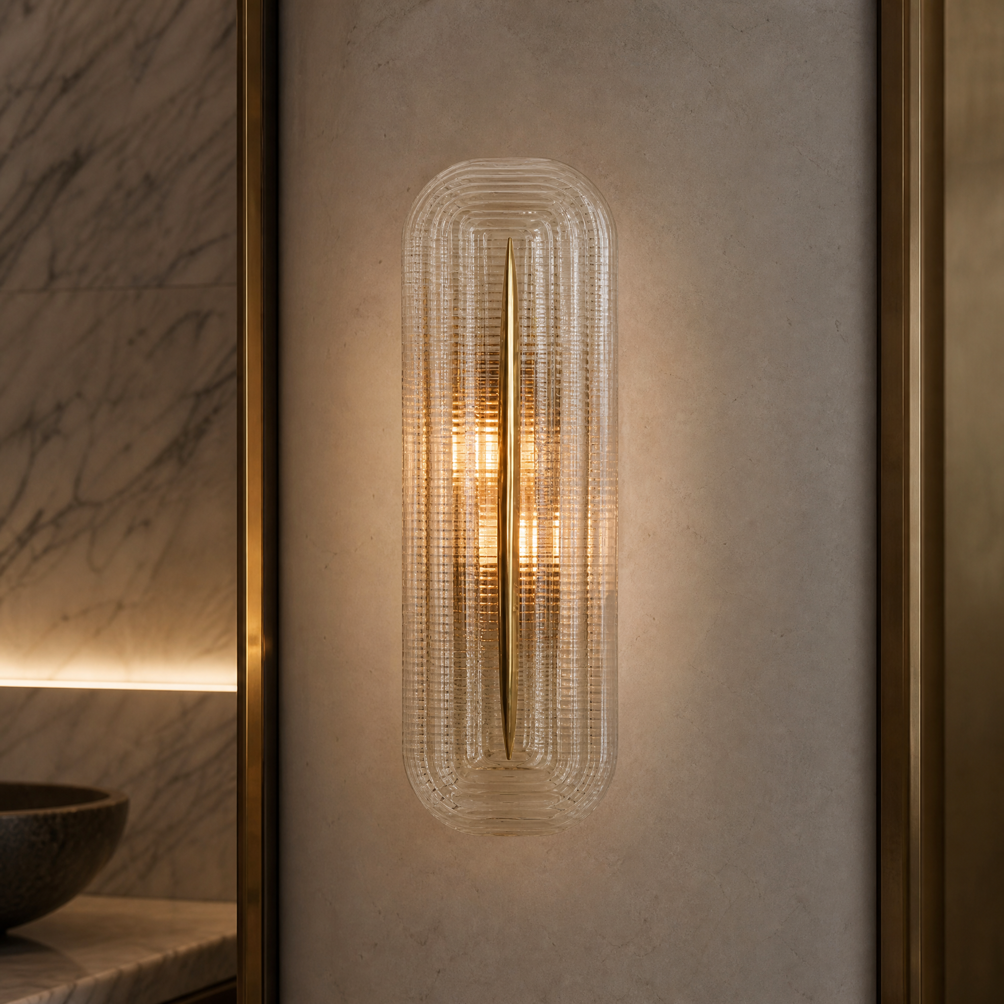 Macro closeup of the VORELLI Lazario IP44 wall light showcasing the intricate ribbed glass texture and bold brass spire accent detailing.