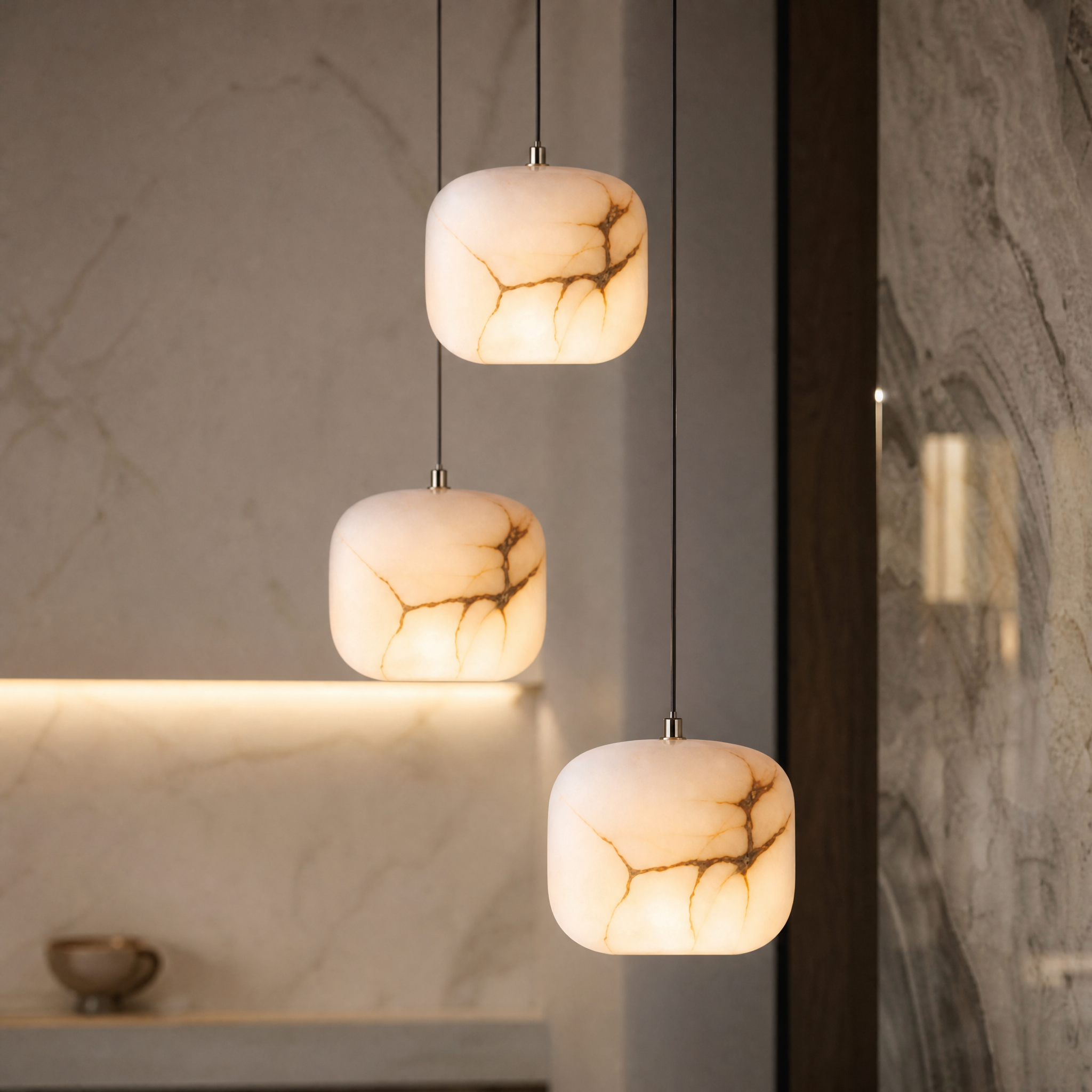 Macro closeup of the VORELLI Leonardo pendant light highlighting the natural veining and smooth texture of the luxury marble cube.