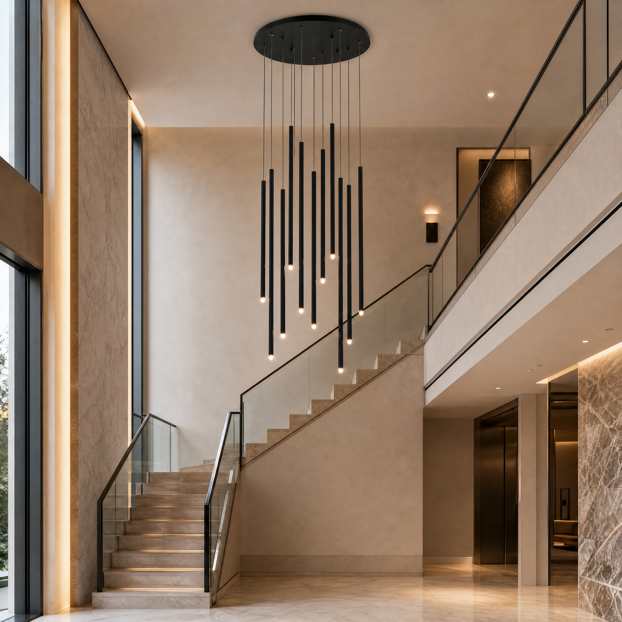 A dramatic hospitality installation of the VORELLI Liscio staircase chandelier creating a captivating focal point in a contemporary luxury hotel lobby.