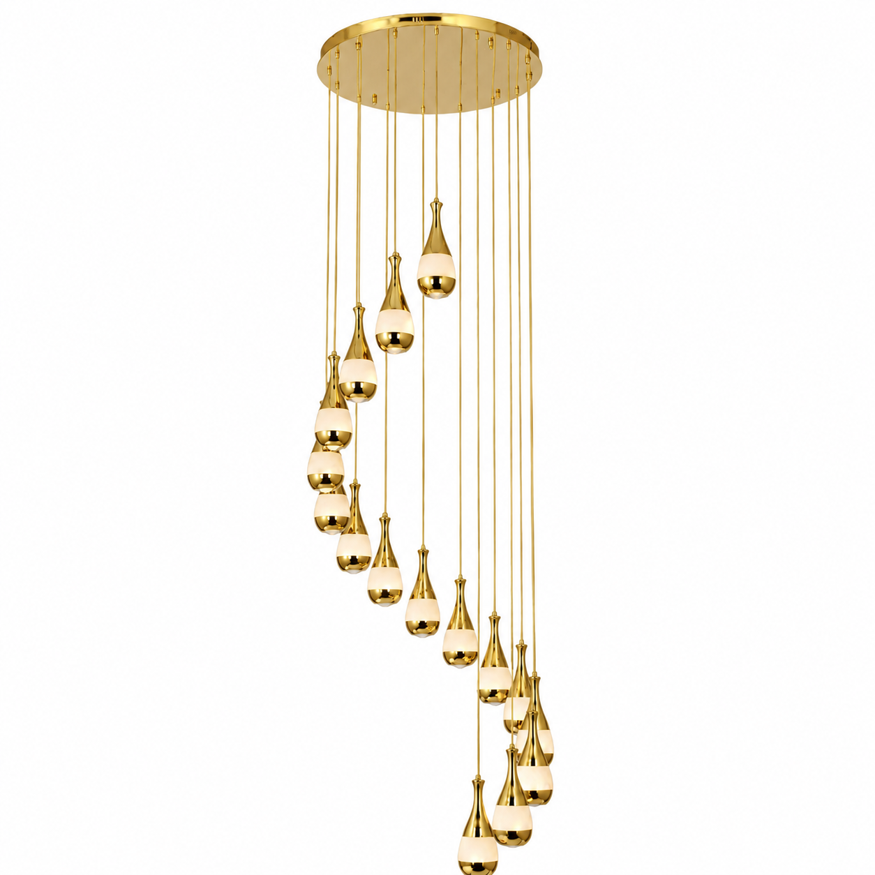 Looking up into the spiral formation of the VORELLI Armonia chandelier, emphasizing the cascading movement of marble droplets and luxury mood lighting.