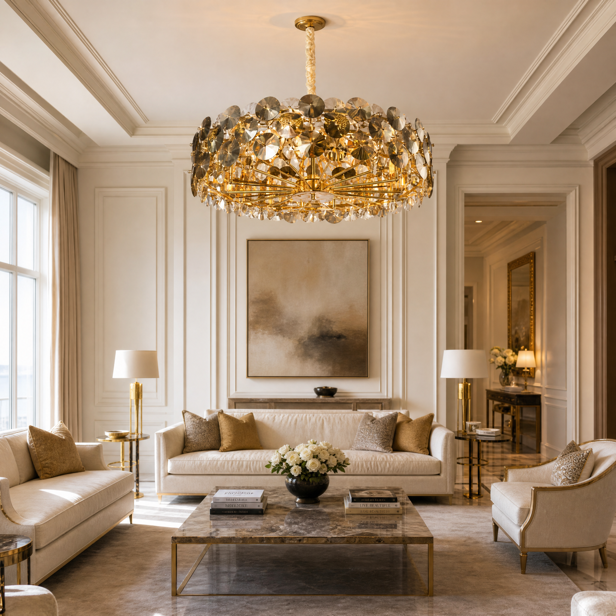 VORELLI Lorenzo circular chandelier with clear and smoky grey crystal discs lighting up a sophisticated, modern residential living room interior.