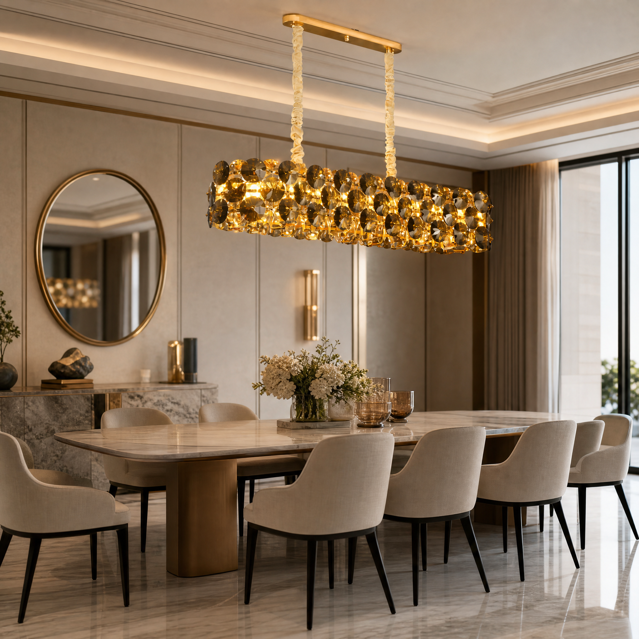 The VORELLI Lorenzo Rectangular Chandelier illuminating a luxury residential dining room, highlighting its diamond-cut crystal discs and modern design.