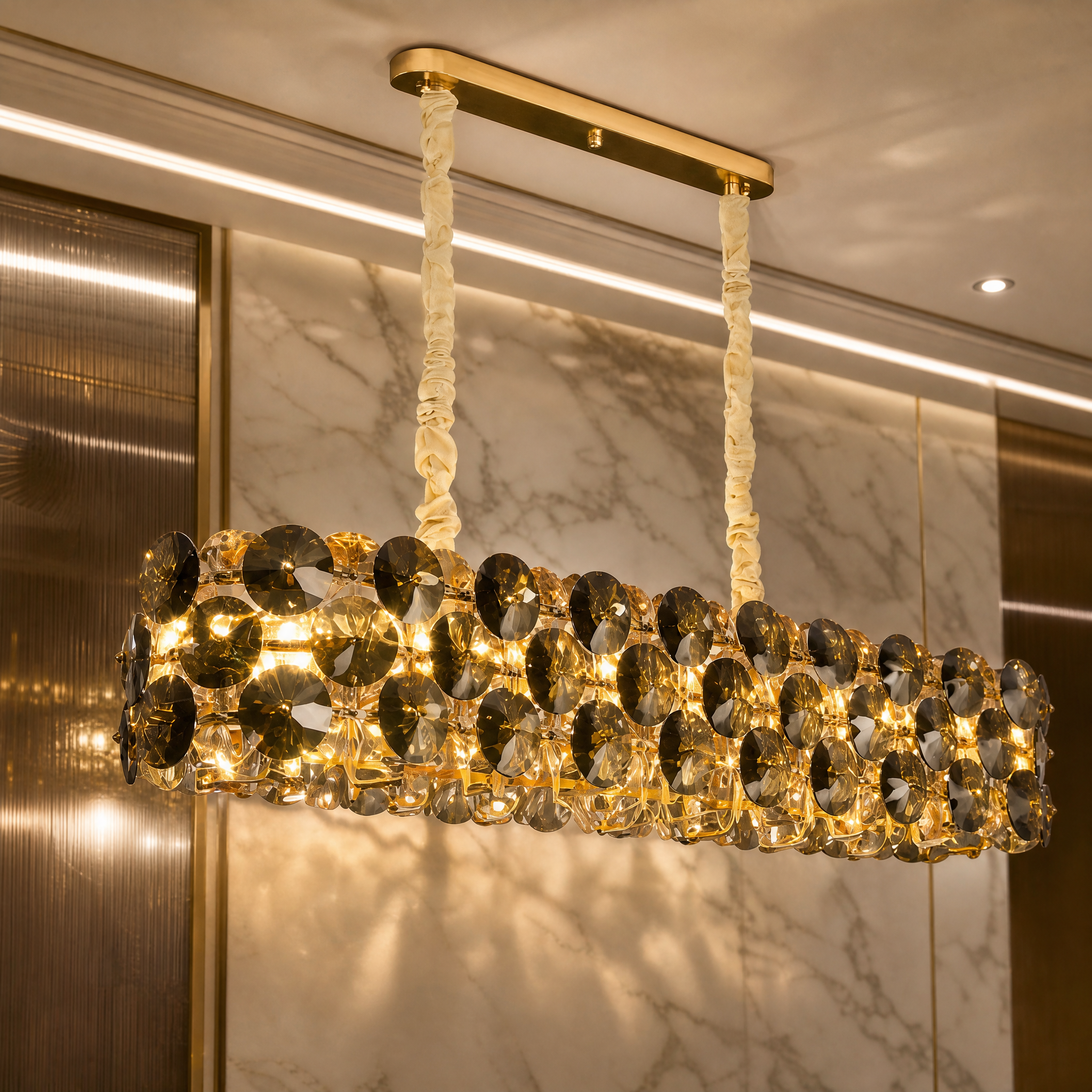 A detailed closeup of the VORELLI Lorenzo Chandelier showcasing the intricate clear and smoky grey diamond-cut crystal discs.