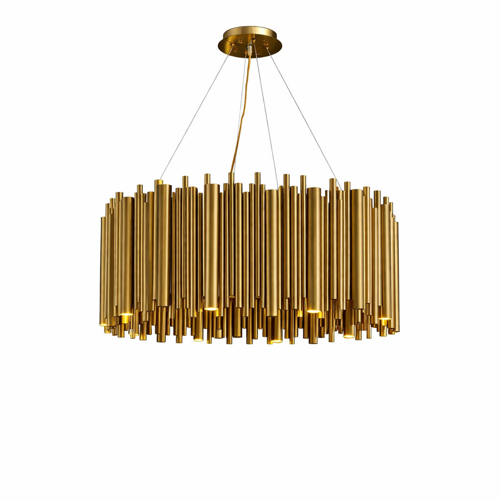 Low angle view of the Vitacura circular chandelier highlighting the interplay of light on brushed copper tubing.