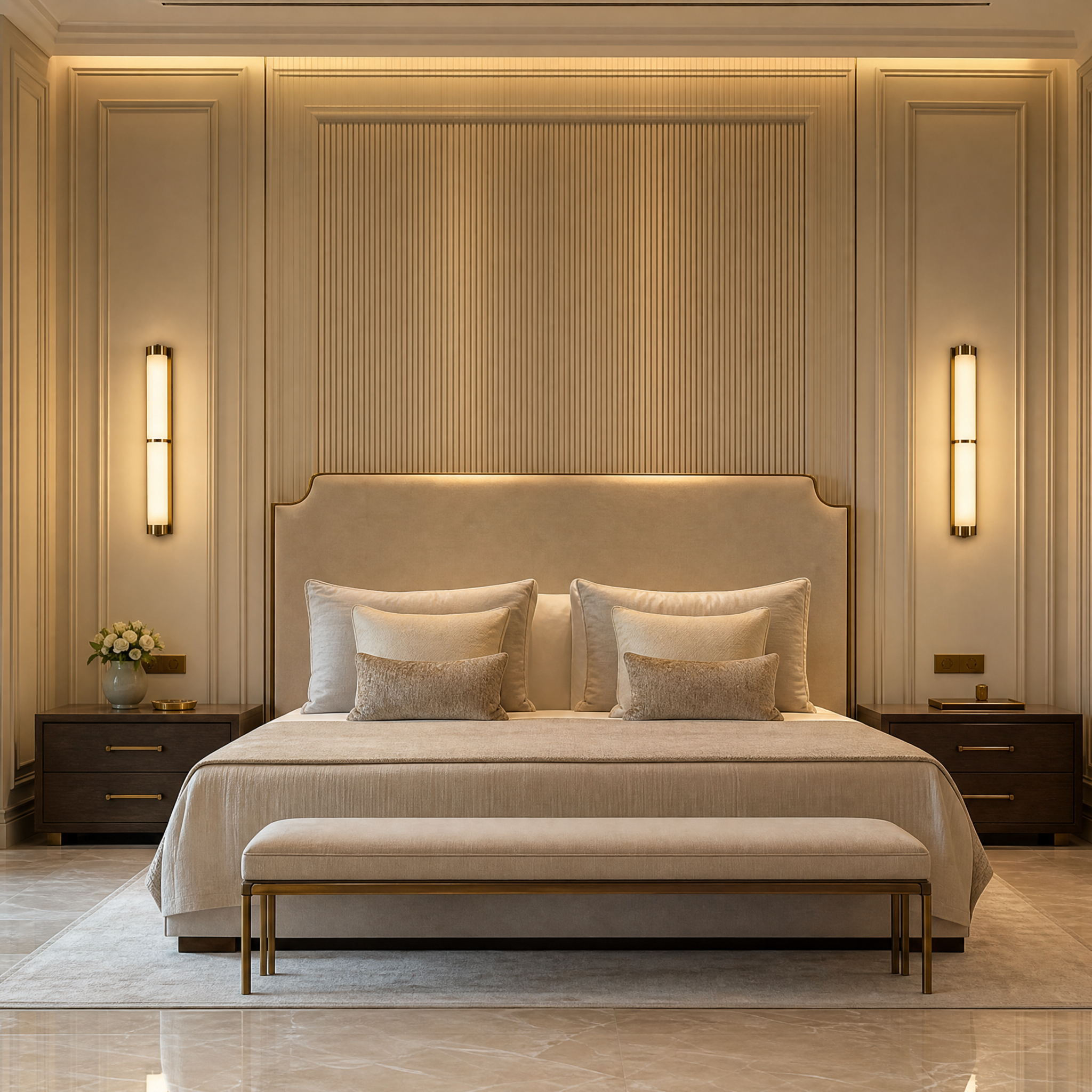 Lucente Marble Wall Light by Vorelli installed in a luxury residential living room, creating a warm and sophisticated atmosphere.