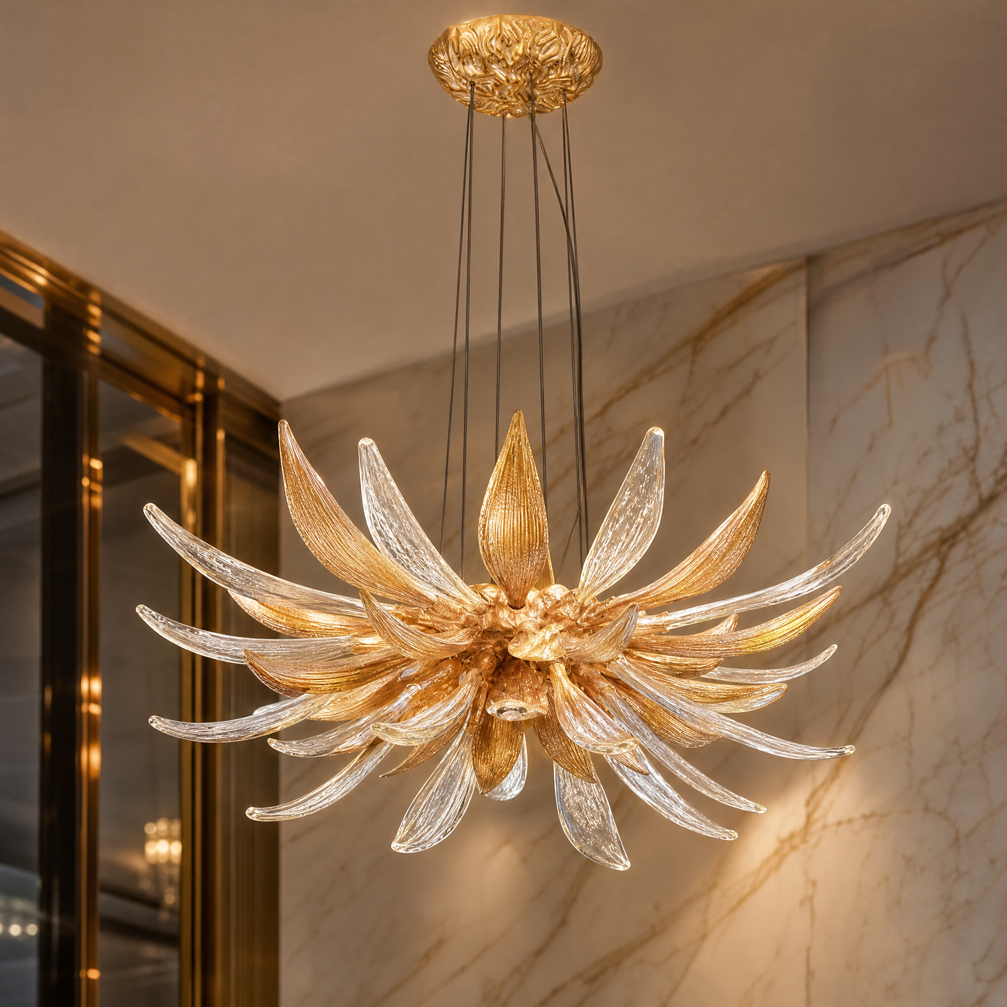 Detailed closeup of the hand-shaped textured glass petals on the VORELLI Luciana circular chandelier.