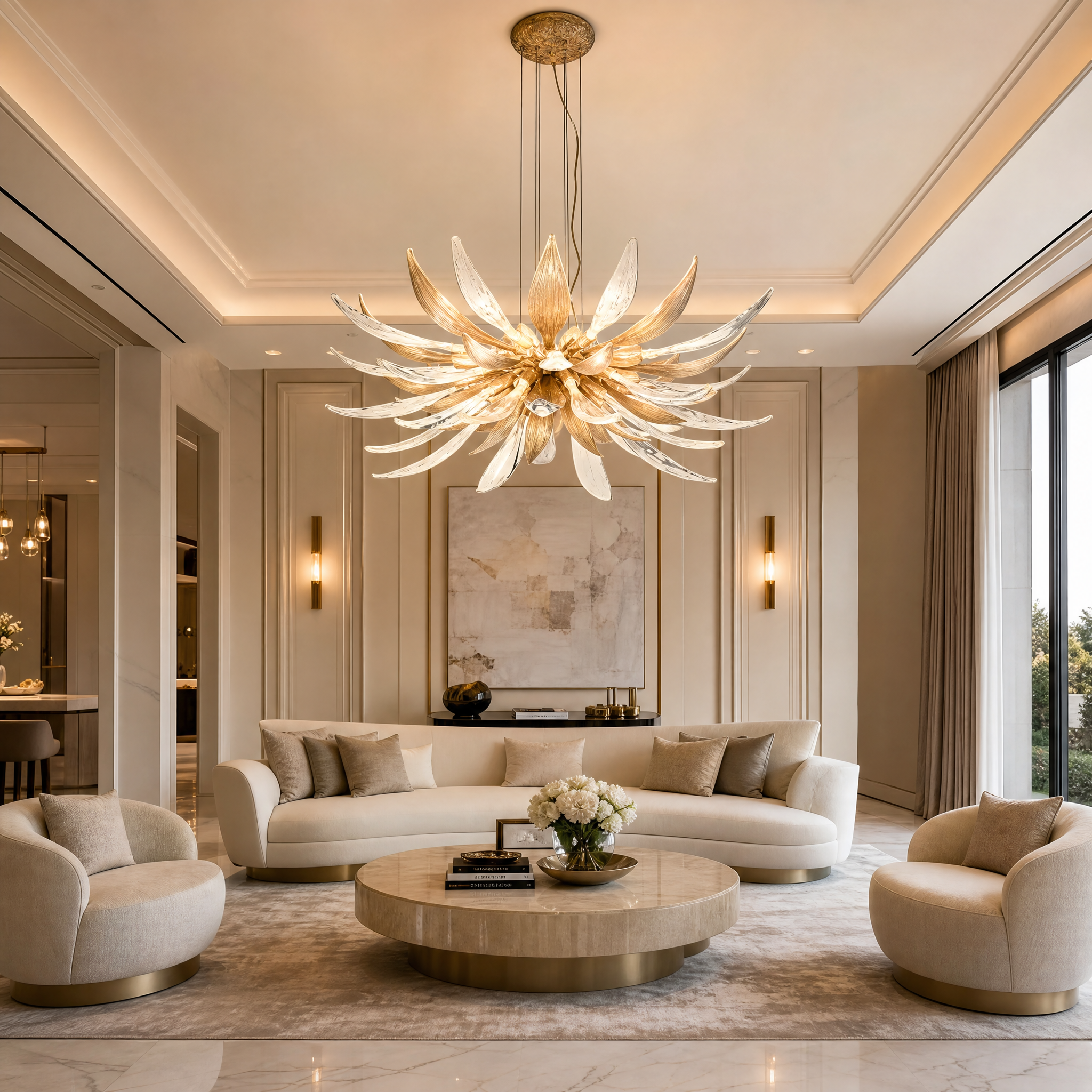 VORELLI Luciana circular chandelier with textured glass petals illuminating a luxury modern living room.