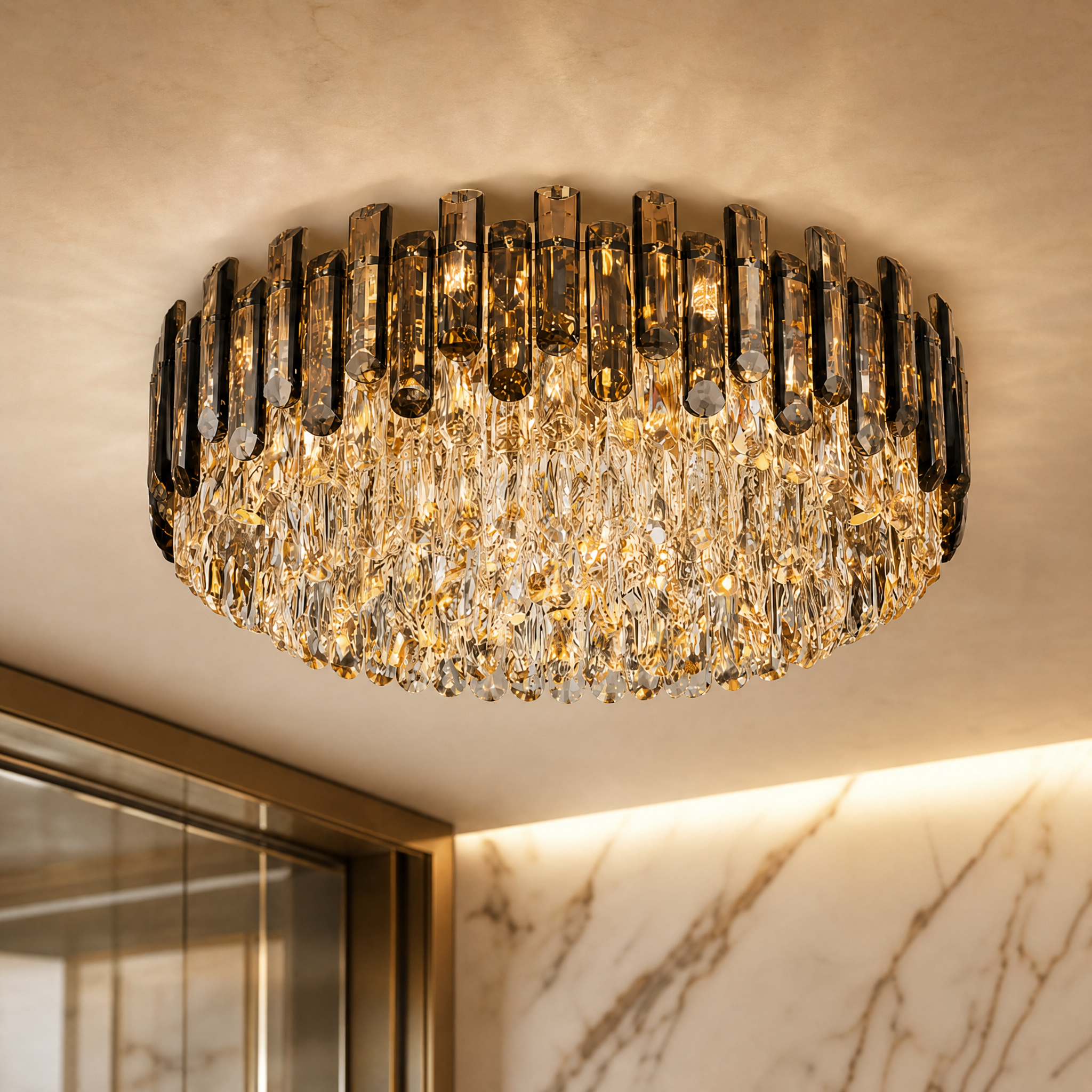 Detailed closeup of the Lugano ceiling light showcasing the contrast between the smoky grey oblong crystals and clear semi-elliptical diamond-cut center.