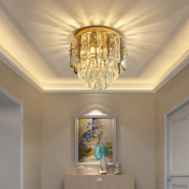 Lugano Ceiling Light II with diamond cut crystals illuminating a luxury hallway interior