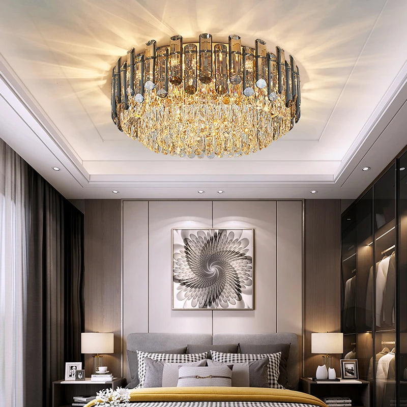 Lugano ceiling light with smoky grey oblong crystals illuminating a luxury bedroom interior