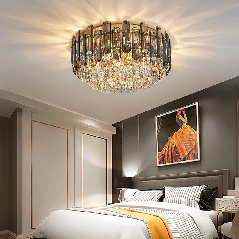 Modern bedroom featuring Lugano crystal ceiling light with layered diamond cut crystal detail
