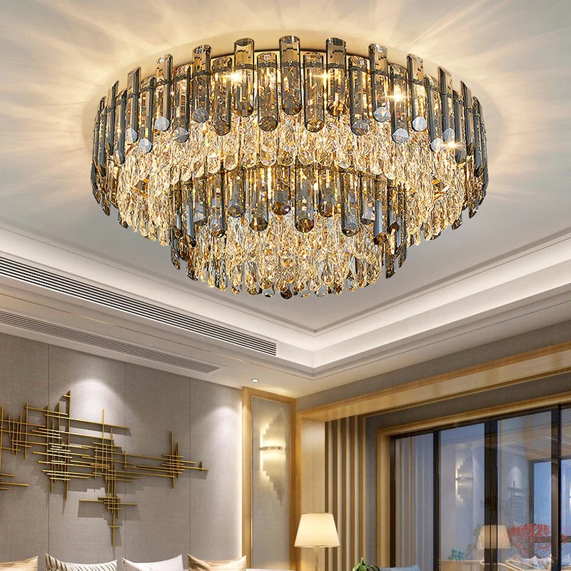 Lugano Double Ceiling Light with layered oblong crystals illuminating a luxury living room