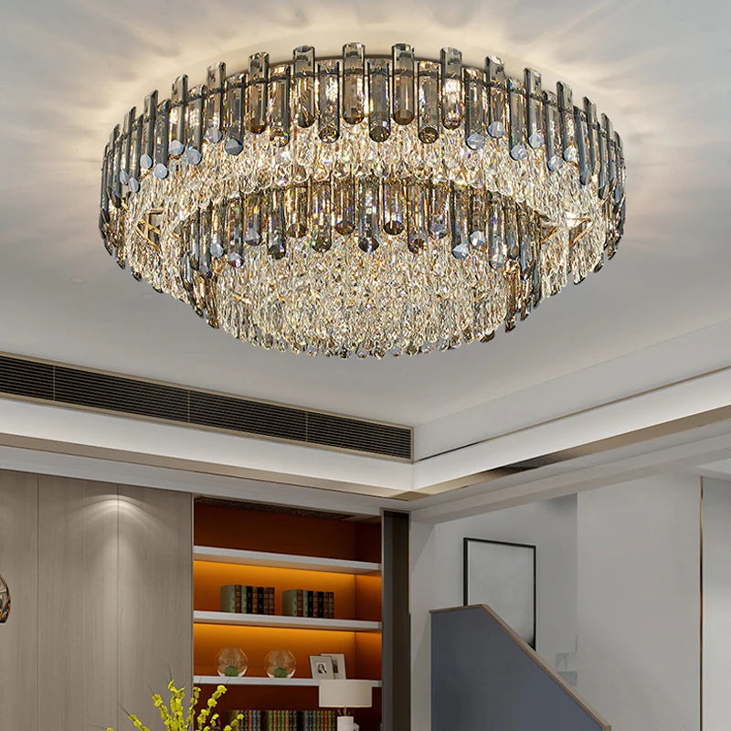 Lugano Double Ceiling Light installed in a contemporary interior with tiered crystal design