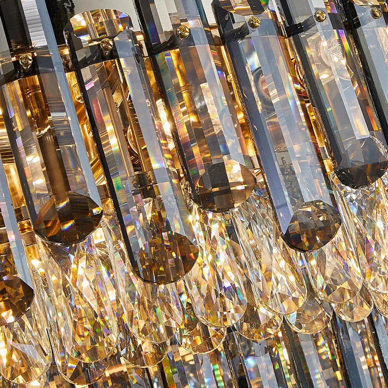 Close up of Lugano Double Ceiling Light showing smoky grey oblong crystals and diamond cut centre