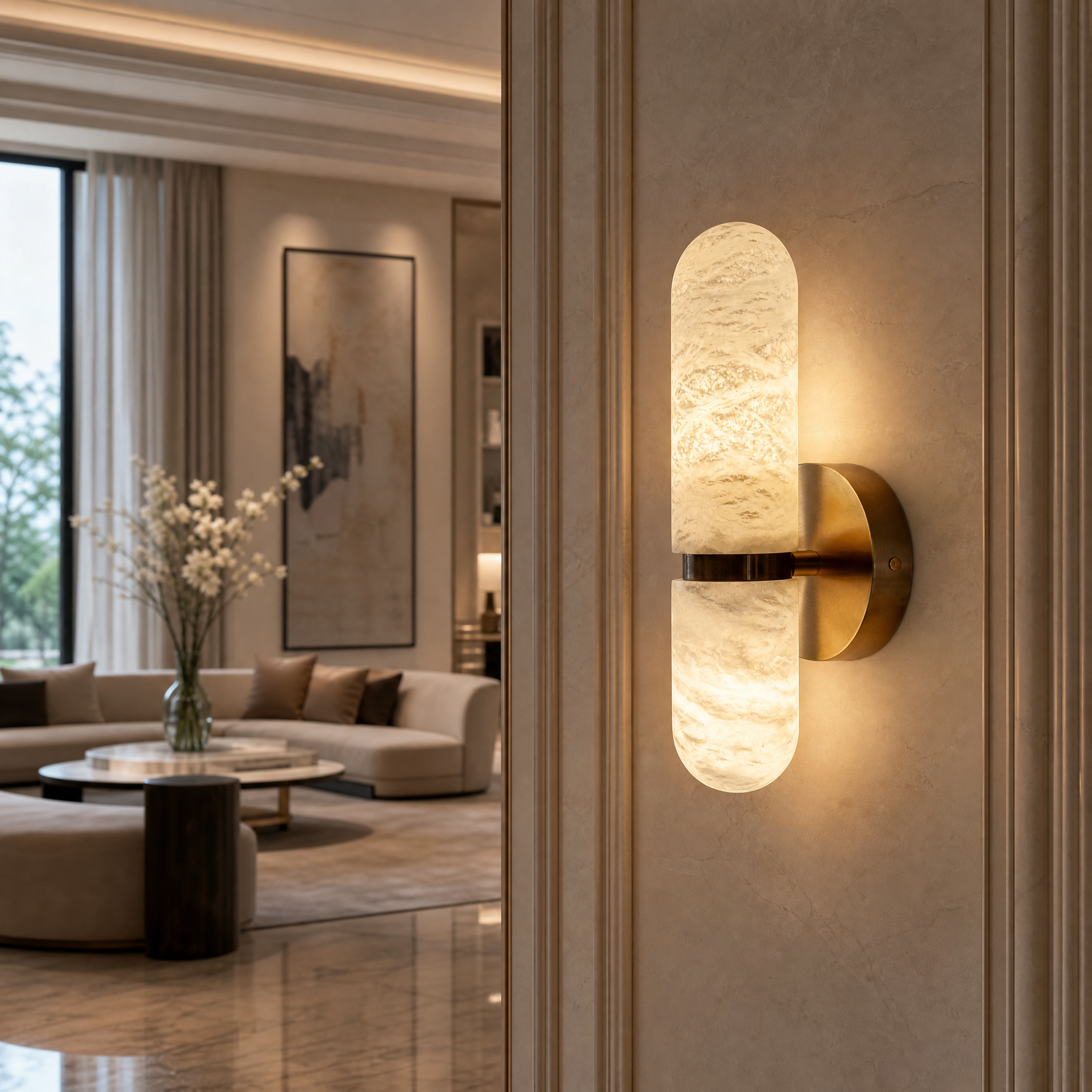 VORELLI Luma marble wall light casting a soft, warm glow against a contemporary residential living room wall.