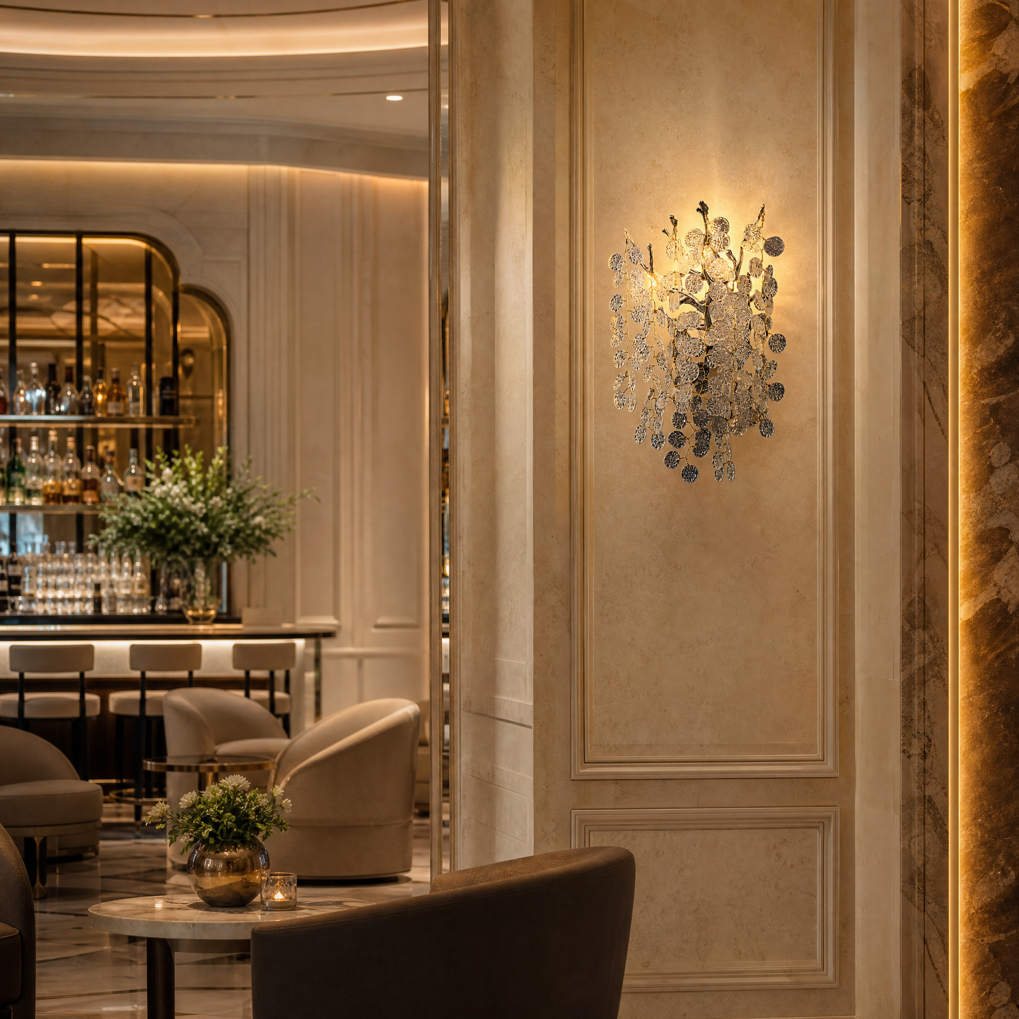 VORELLI Lunaria Wall Light II fixtures installed along a luxury boutique hotel corridor, creating a sophisticated atmospheric lighting effect.