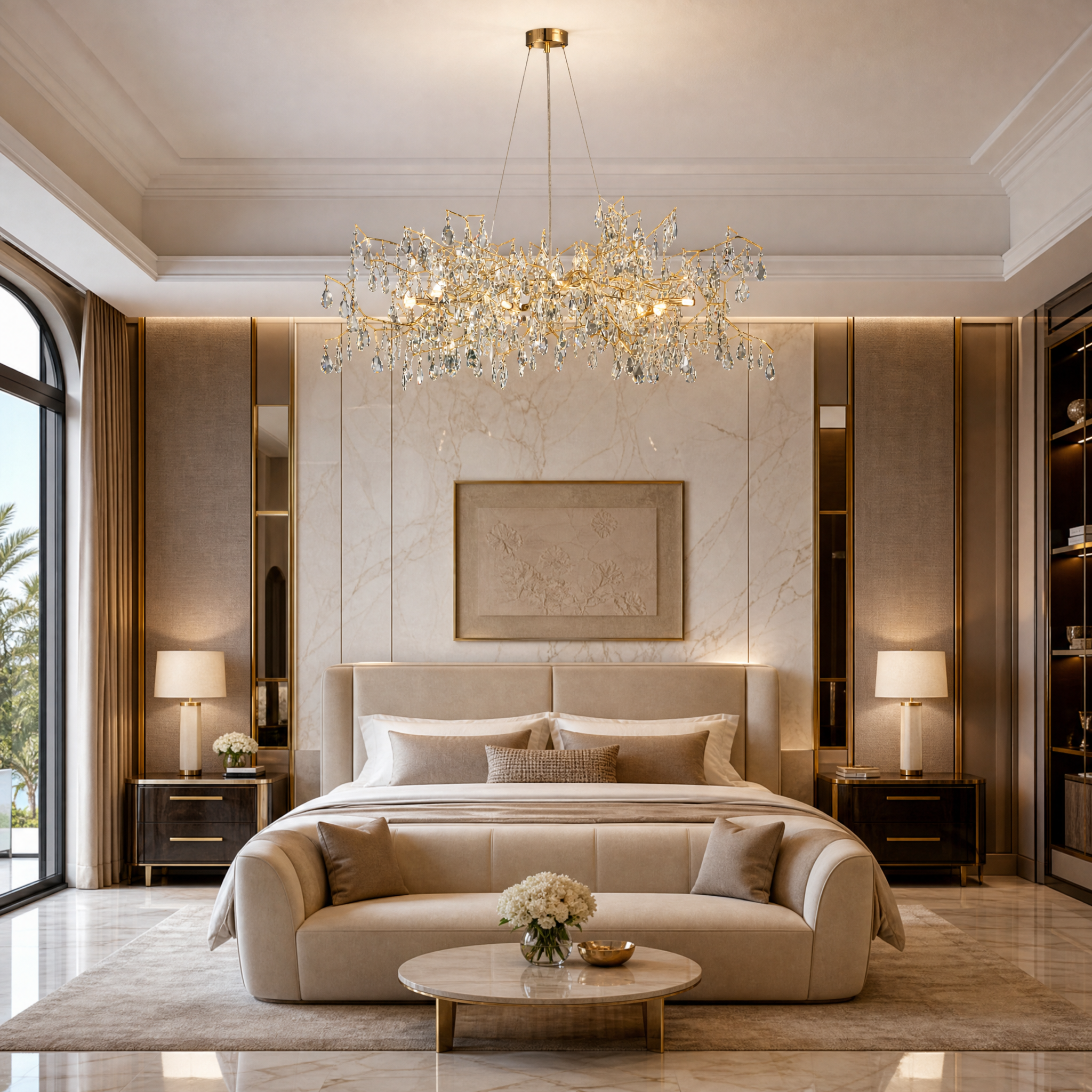 A grand hospitality setting featuring the VORELLI Dewdrop circular chandelier, adding depth and statement elegance to a high-end hotel lobby.