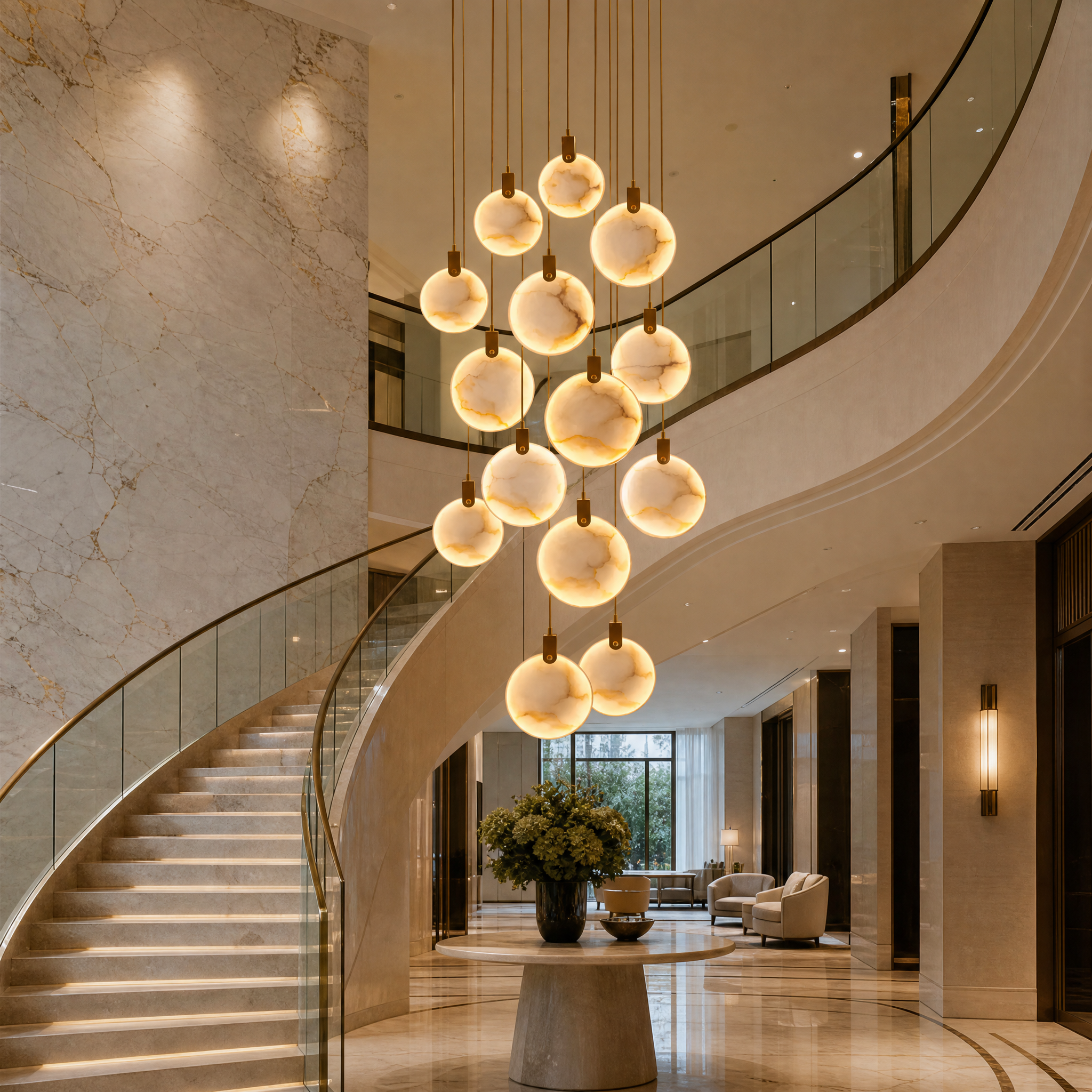 Grand multi-story hospitality entryway featuring the VORELLI Calacatta Marble Pendant Chandelier creating a sophisticated atmosphere.