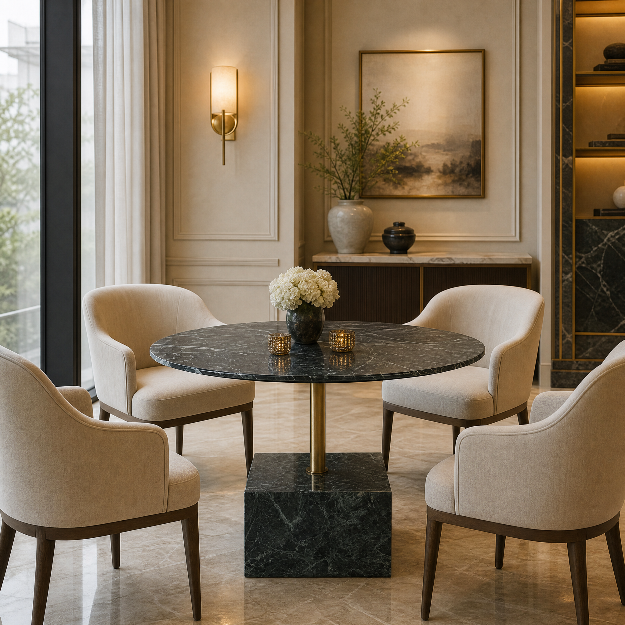 Elegant VORELLI Fenicino marble table used as a luxury meeting or dining table within a high-end commercial hospitality space or hotel lounge.