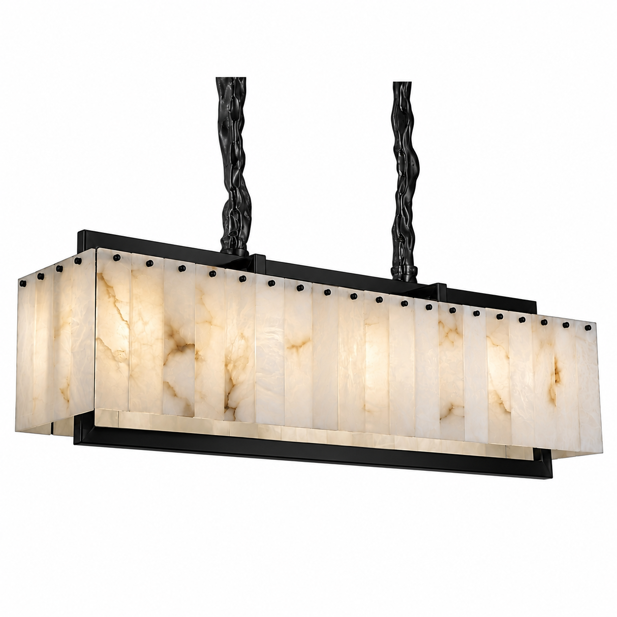 Macro shot focusing on the exquisite marble grain and translucent quality of the Classico Rectangular Chandelier panels under soft illumination.