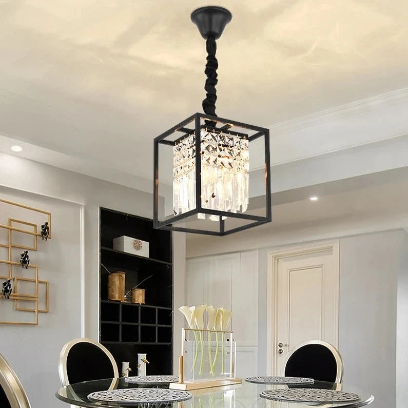 Maddison pendant ceiling light with square cube frame and diamond cut crystals installed