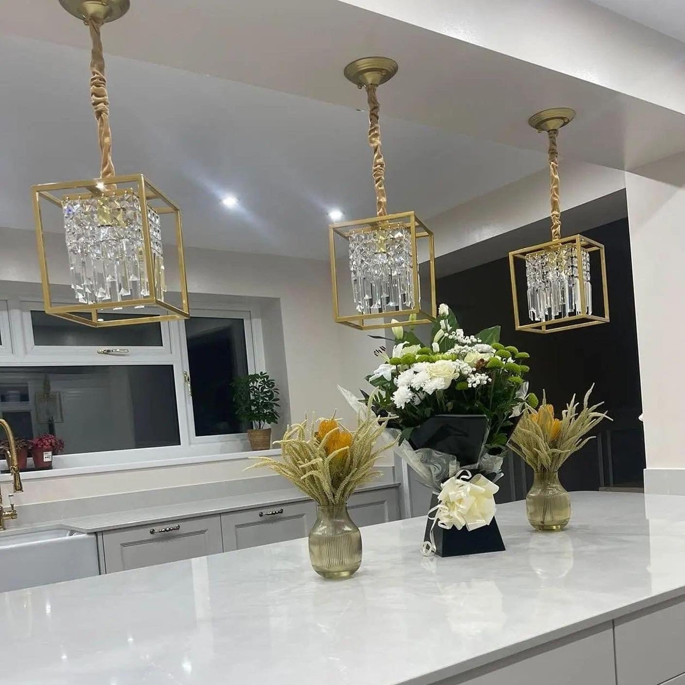 Pair of Maddison cube pendant lights with diamond cut crystal detailing