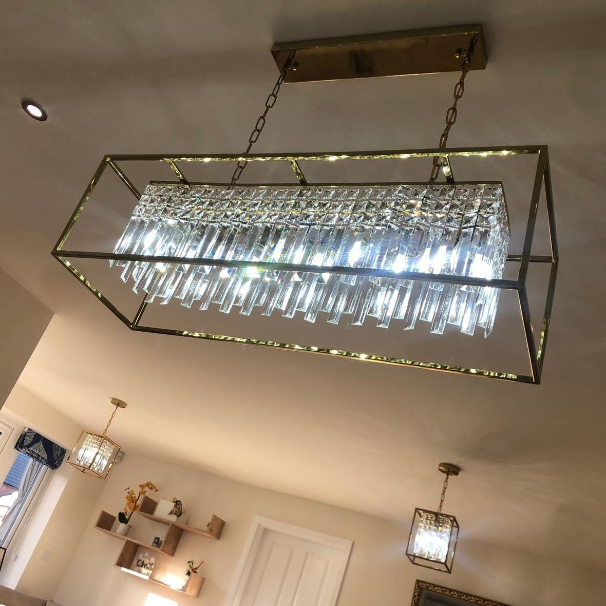 Maddison rectangular crystal chandelier ceiling installation view