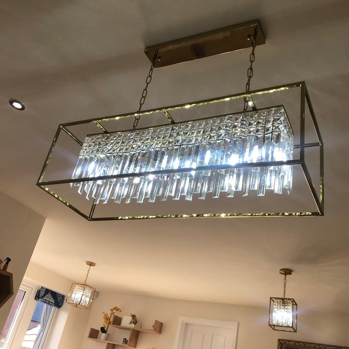 Maddison rectangular chandelier with linear frame and cascading crystal bars