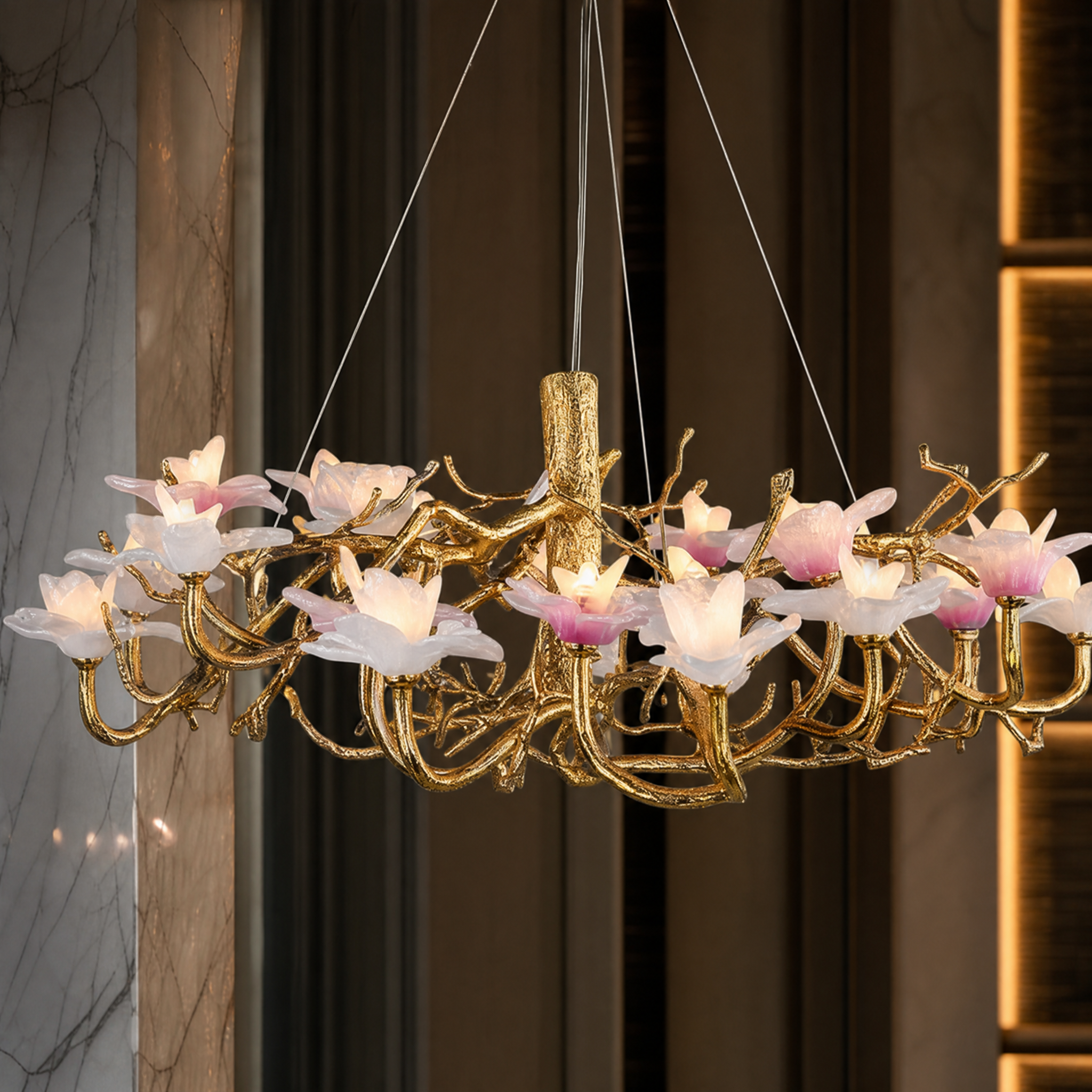 Close-up macro shot of the VORELLI Magnolia Circular Chandelier highlighting the sculptural form and delicate petal-inspired detailing.