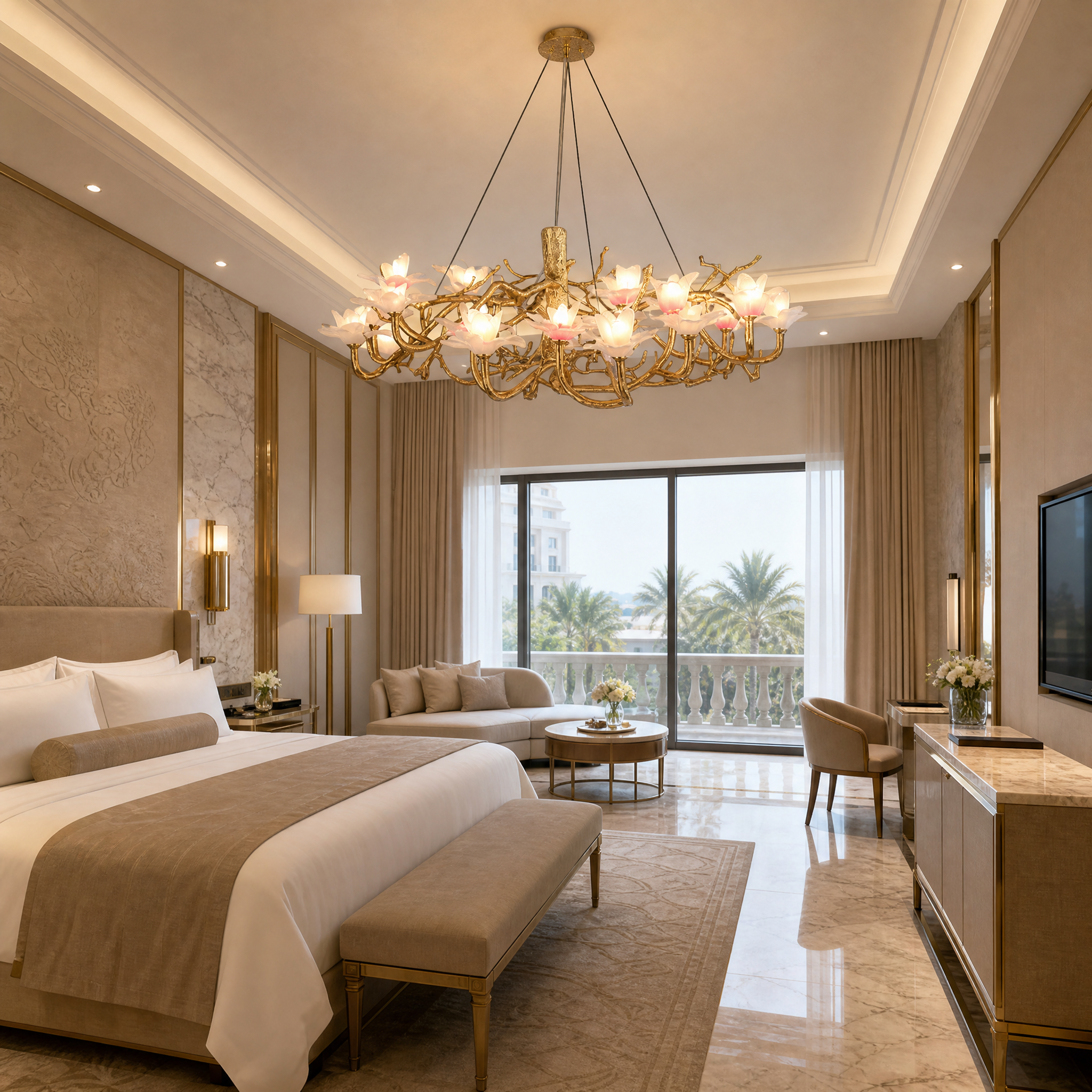 VORELLI Magnolia Circular Chandelier installed as a grand, graceful focal point in a luxury boutique hotel lobby.