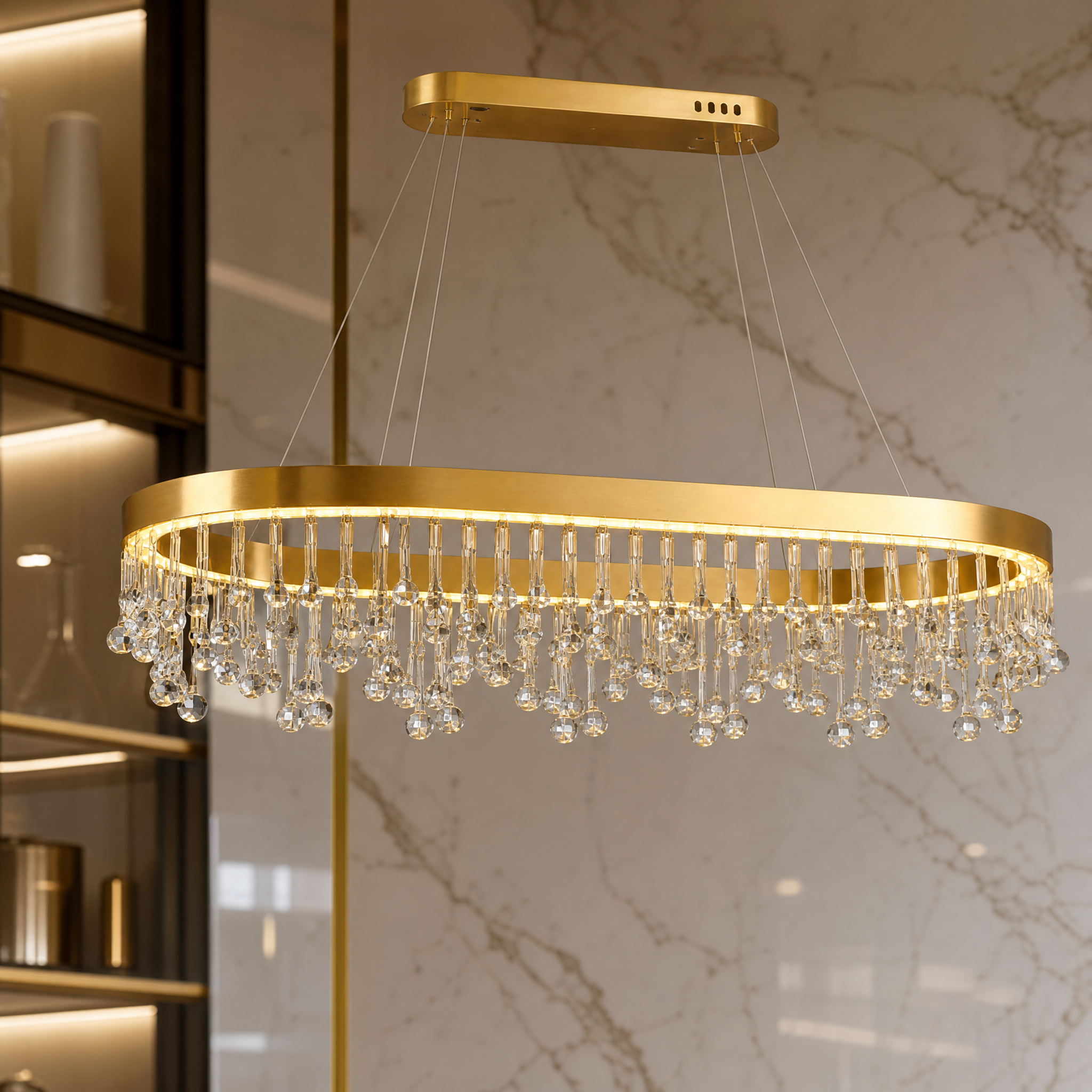 Detailed closeup of the artistic crystal droplets and brushed stainless steel frame on the VORELLI Mancini rectangular chandelier.