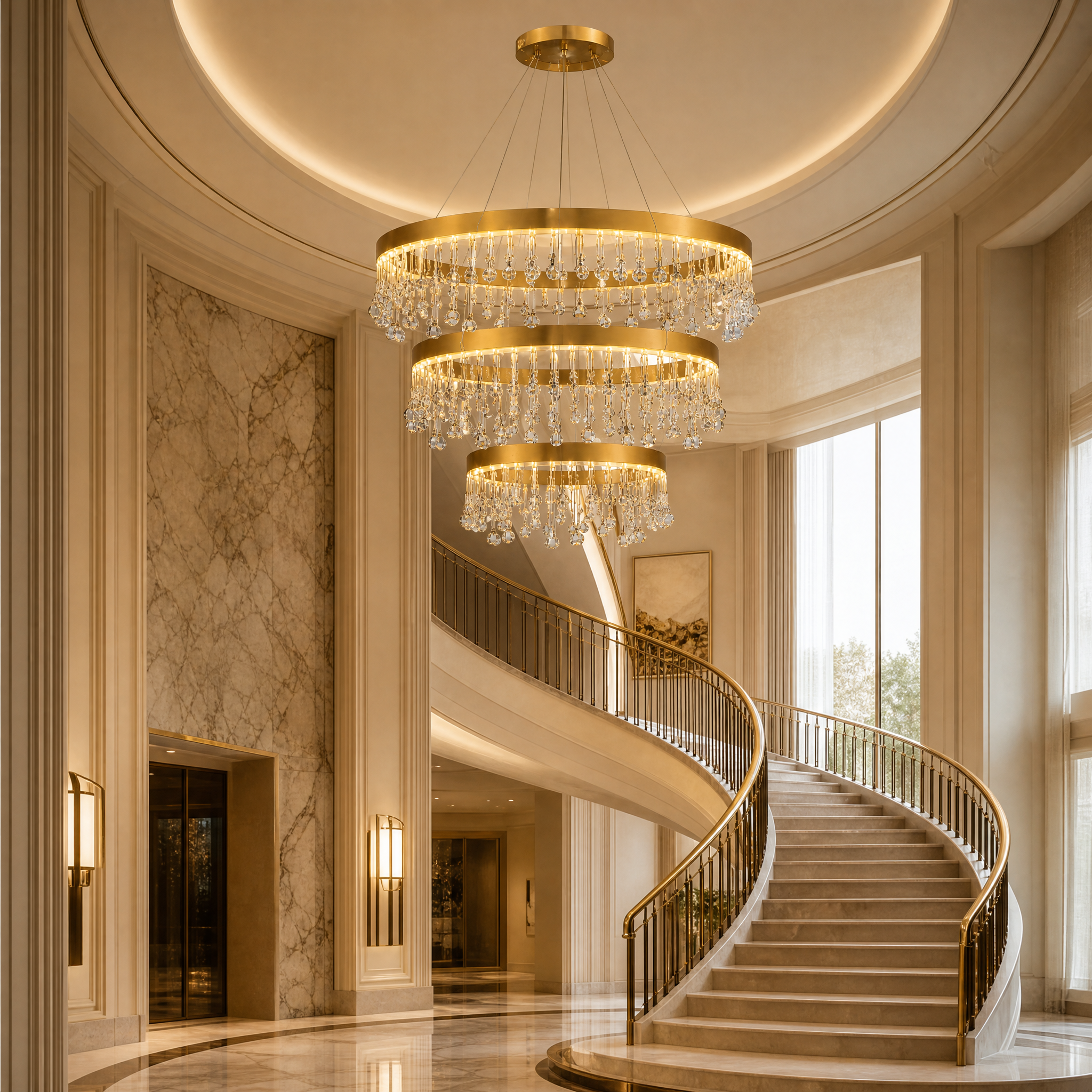 Modern upscale hotel lobby featuring the VORELLI Mancini ring staircase chandelier as a sophisticated and artistic focal point.