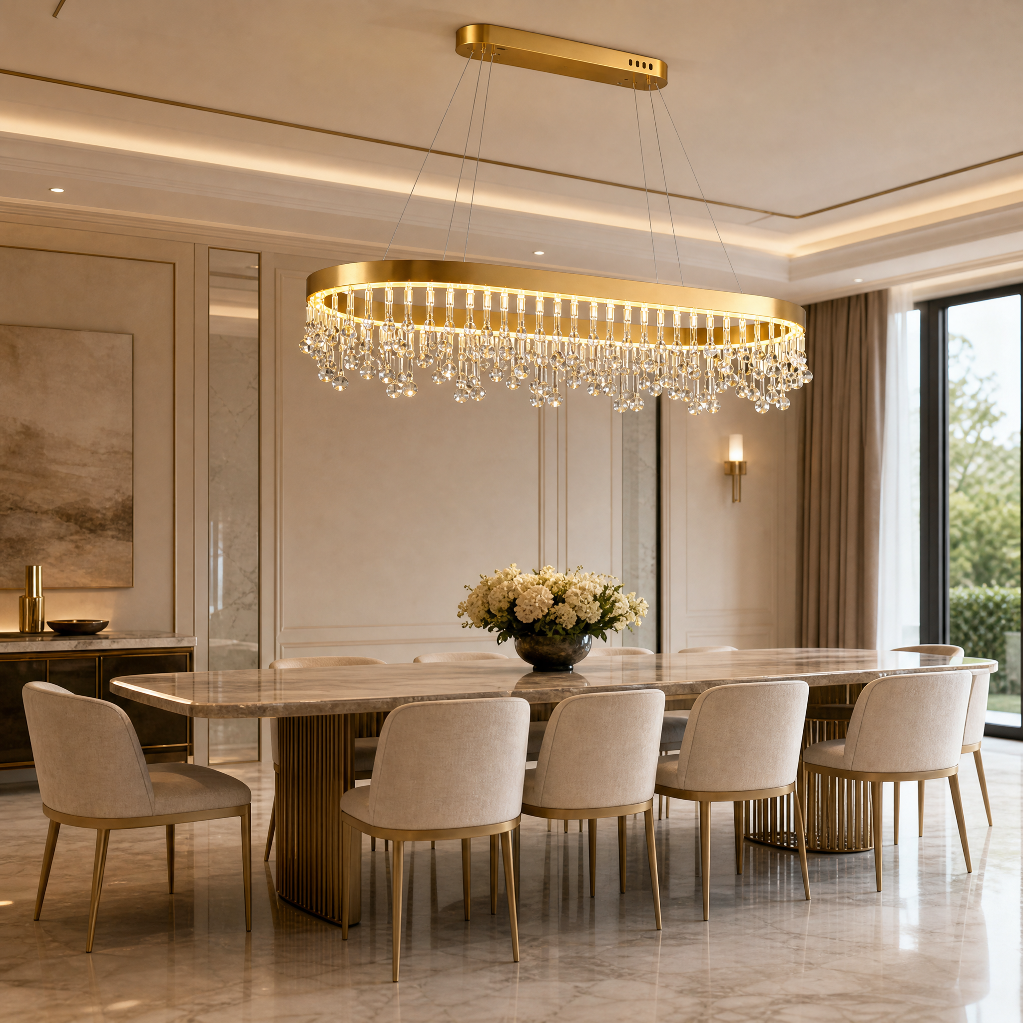 VORELLI Mancini rectangular chandelier featuring a brushed stainless steel oval frame with crystal droplets illuminating a high-end residential dining room.