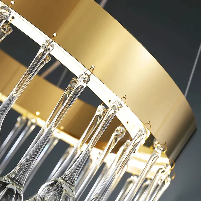Detailed view of brushed rectangular frame and crystal bar elements on the Mancini chandelier