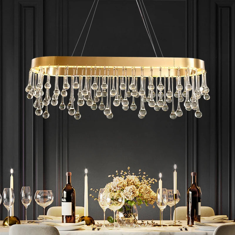 Rectangular crystal droplet chandelier illuminating a modern luxury dining room setting