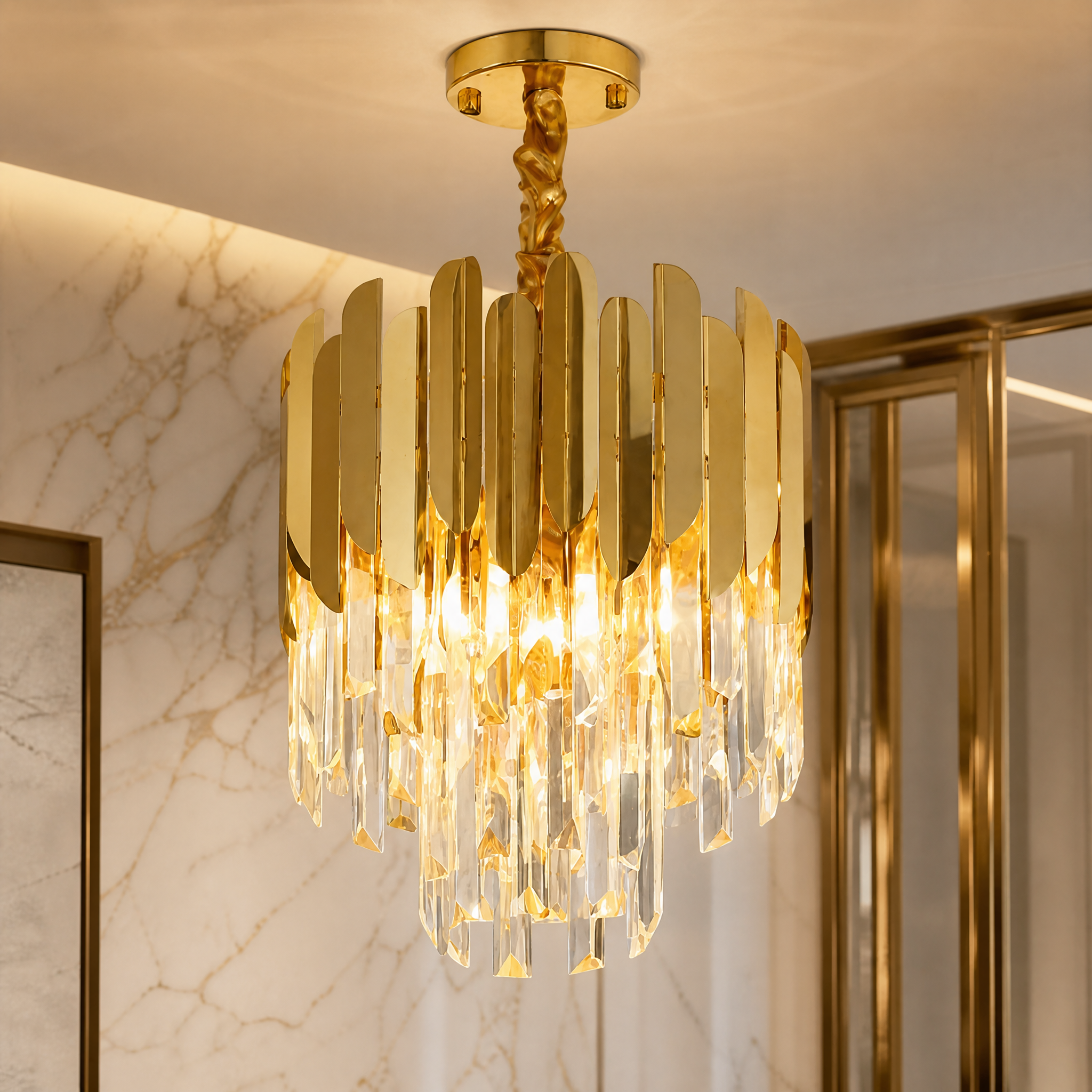 Close-up of the elegant crystal bars and premium hexagon metal finish of the Manhattan Pendant II lighting fixture.