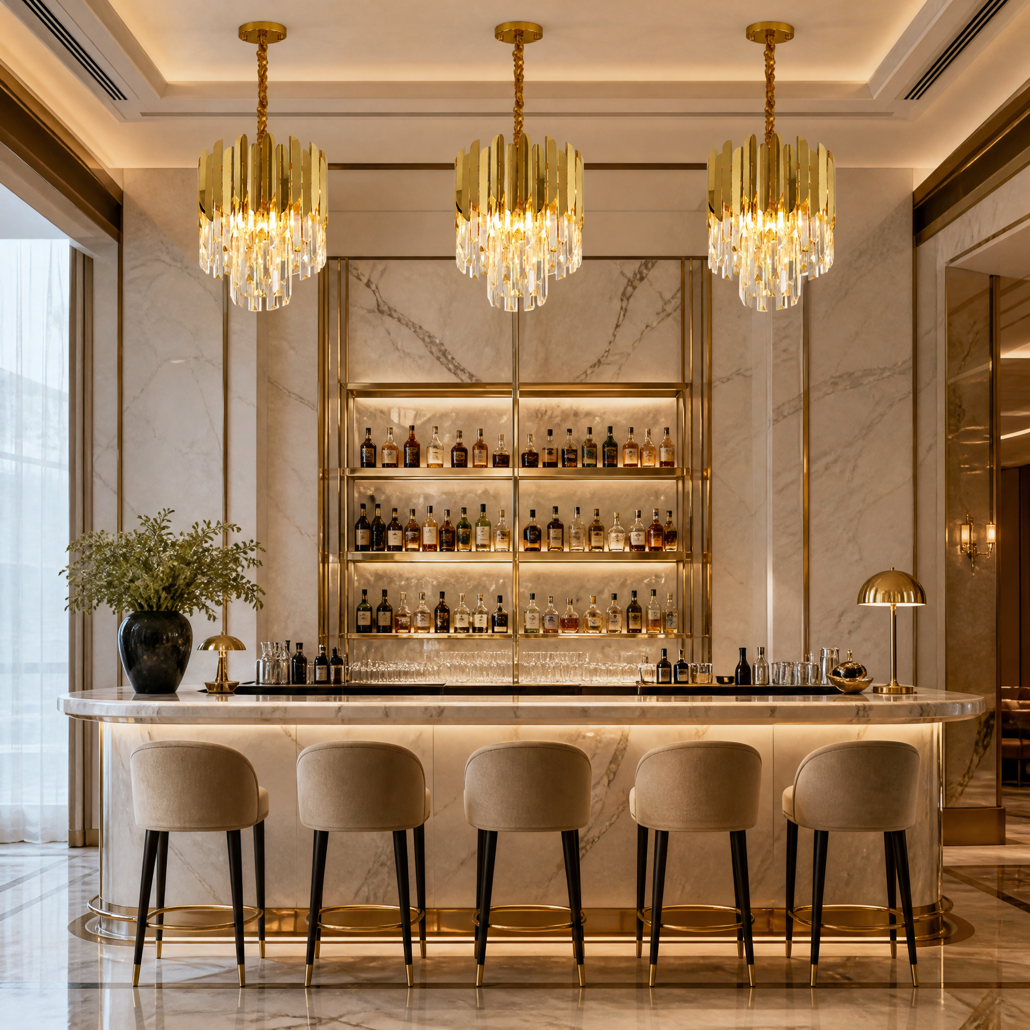Contemporary Manhattan Pendant II hanging in a sophisticated hospitality lobby, highlighting its hexagon decorative frame.