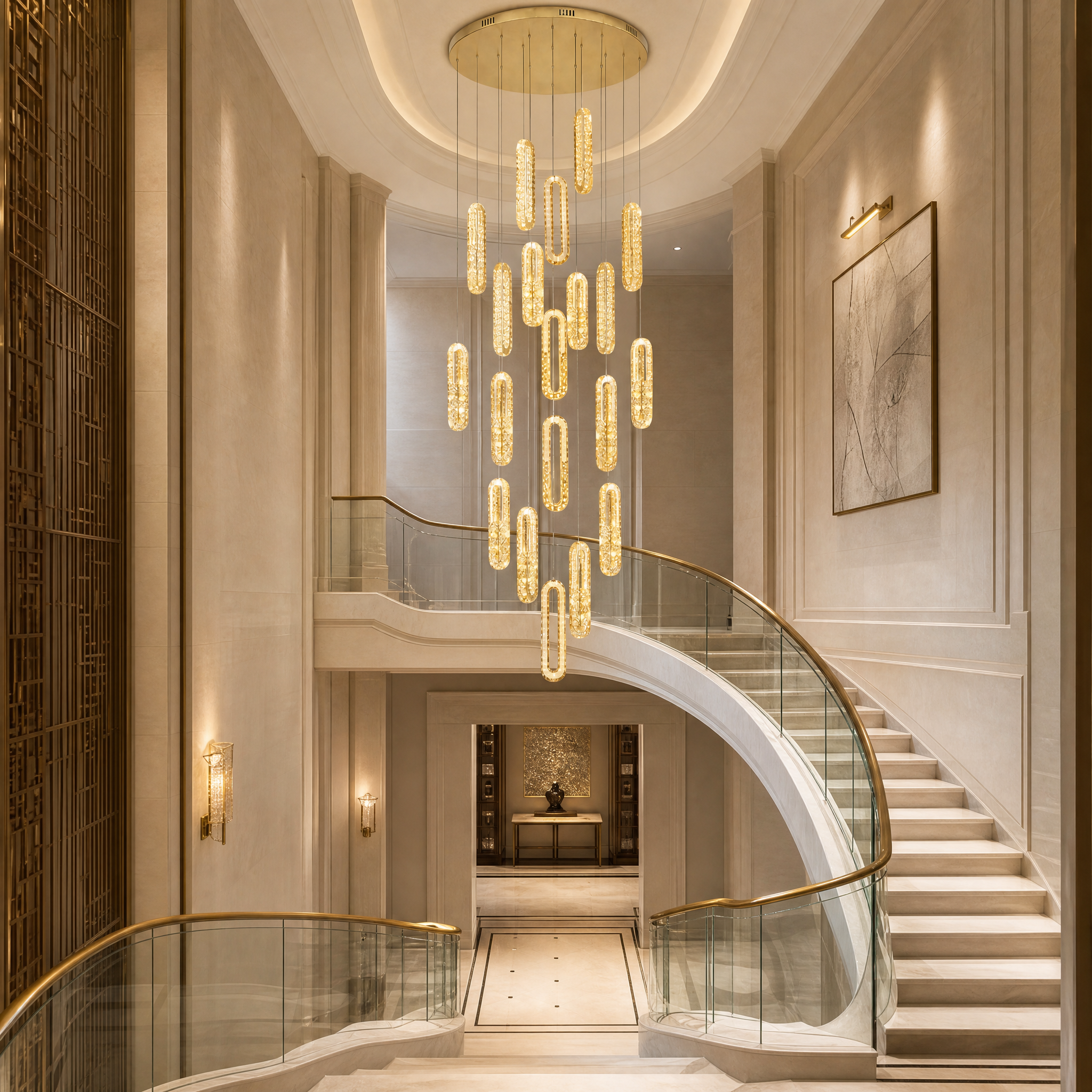 The elegant Manzoni multi-pendant chandelier creating a dramatic free-fall effect in a boutique hotel lobby.